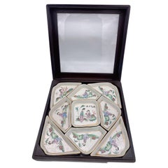 Antigua vajilla china de porcelana Famille Rose de 9 piezas con caja de palisandro