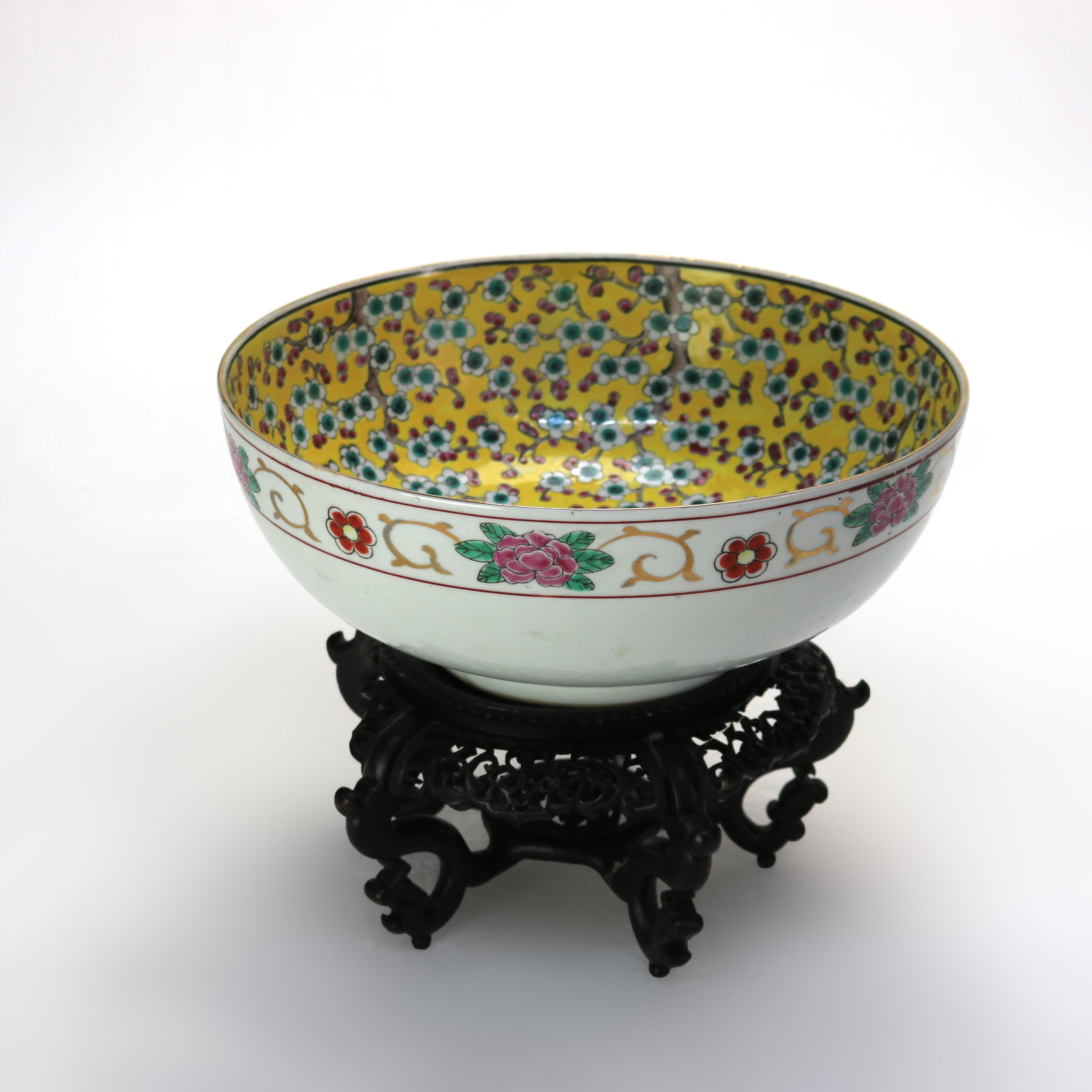 Antique Chinese Famille Rose Porcelain Bowl with Carved Hardwood Stand Signed C1900

Measures - 9.75