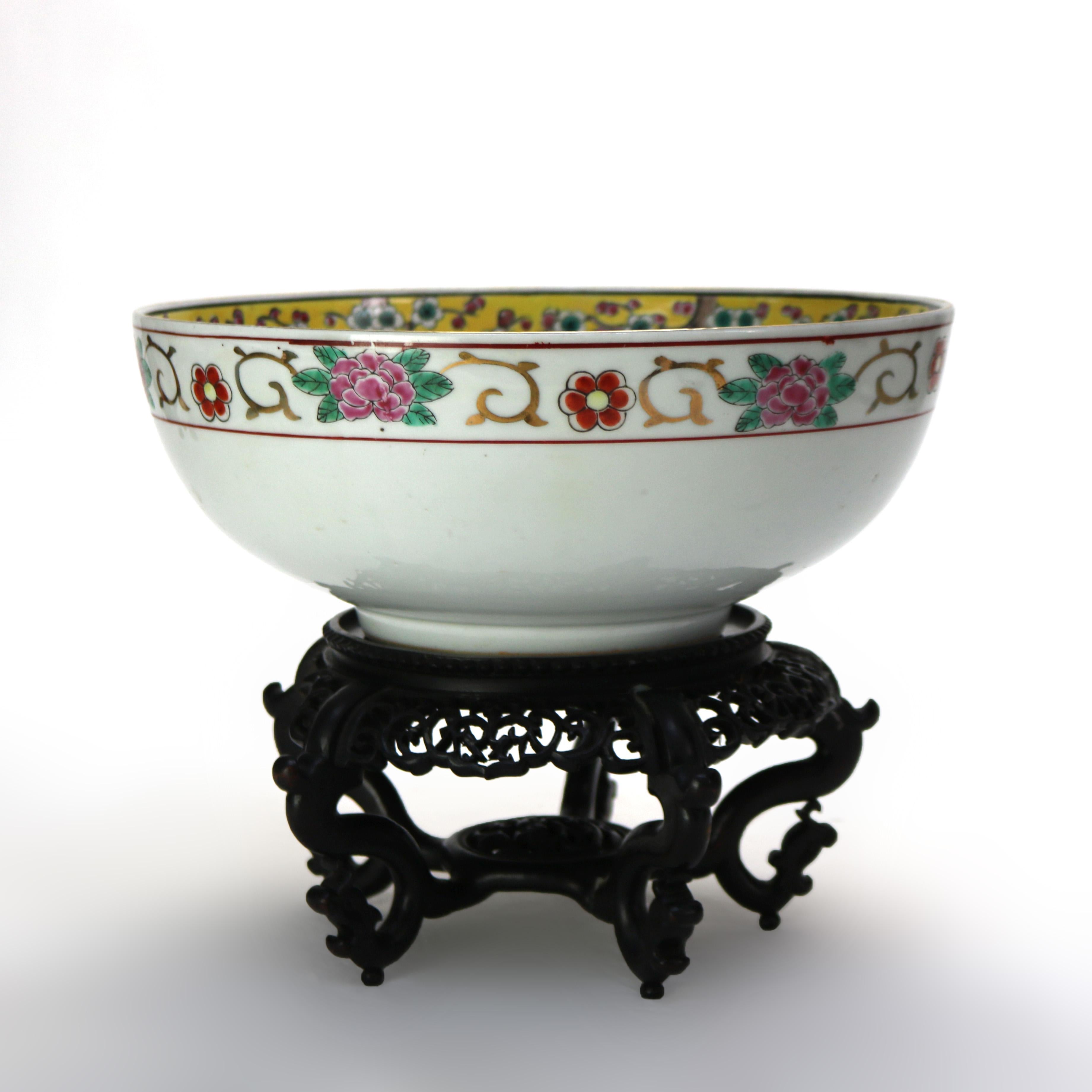 Antique Chinese Famille Rose Porcelain Bowl with Carved Hardwood Stand C1900 For Sale 1