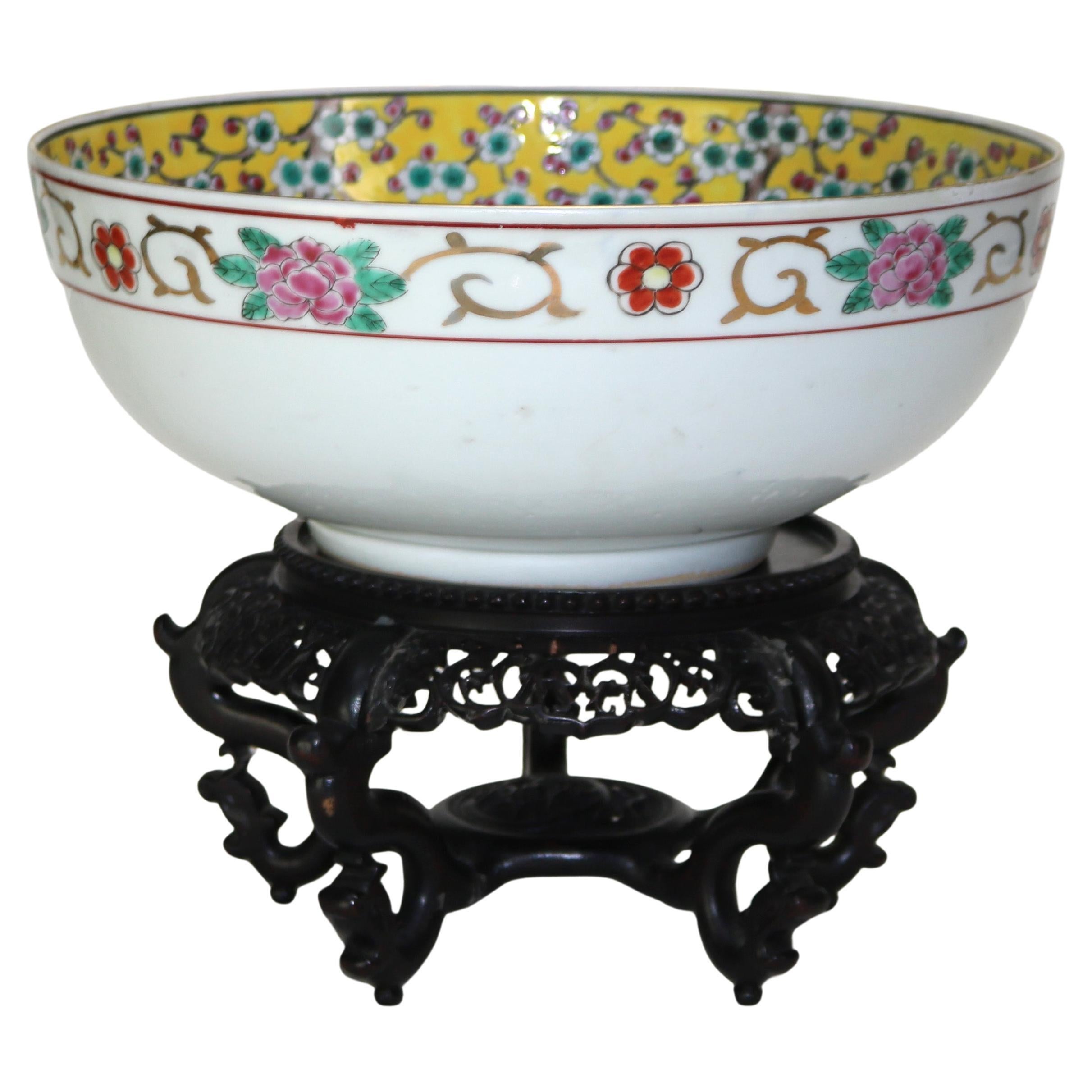 Antique Chinese Famille Rose Porcelain Bowl with Carved Hardwood Stand C1900 For Sale
