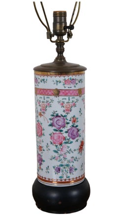 20th C. Chinese Famille Rose Porcelain Cylindrical Table Lamp Wood Base 19"