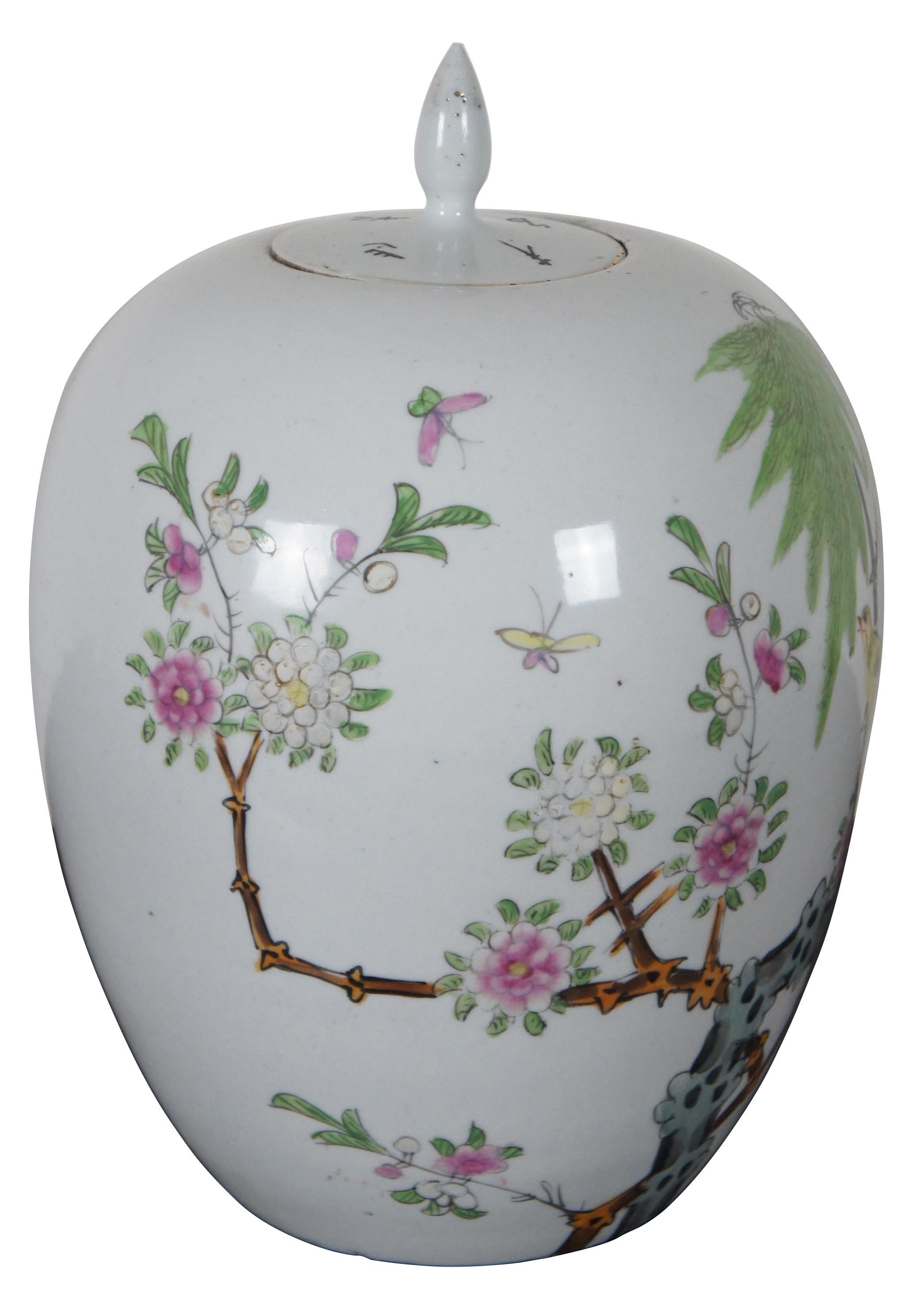 Chinoiserie Antique Chinese Famille Rose Porcelain Lidded Ginger Jar Floral Bird Urn