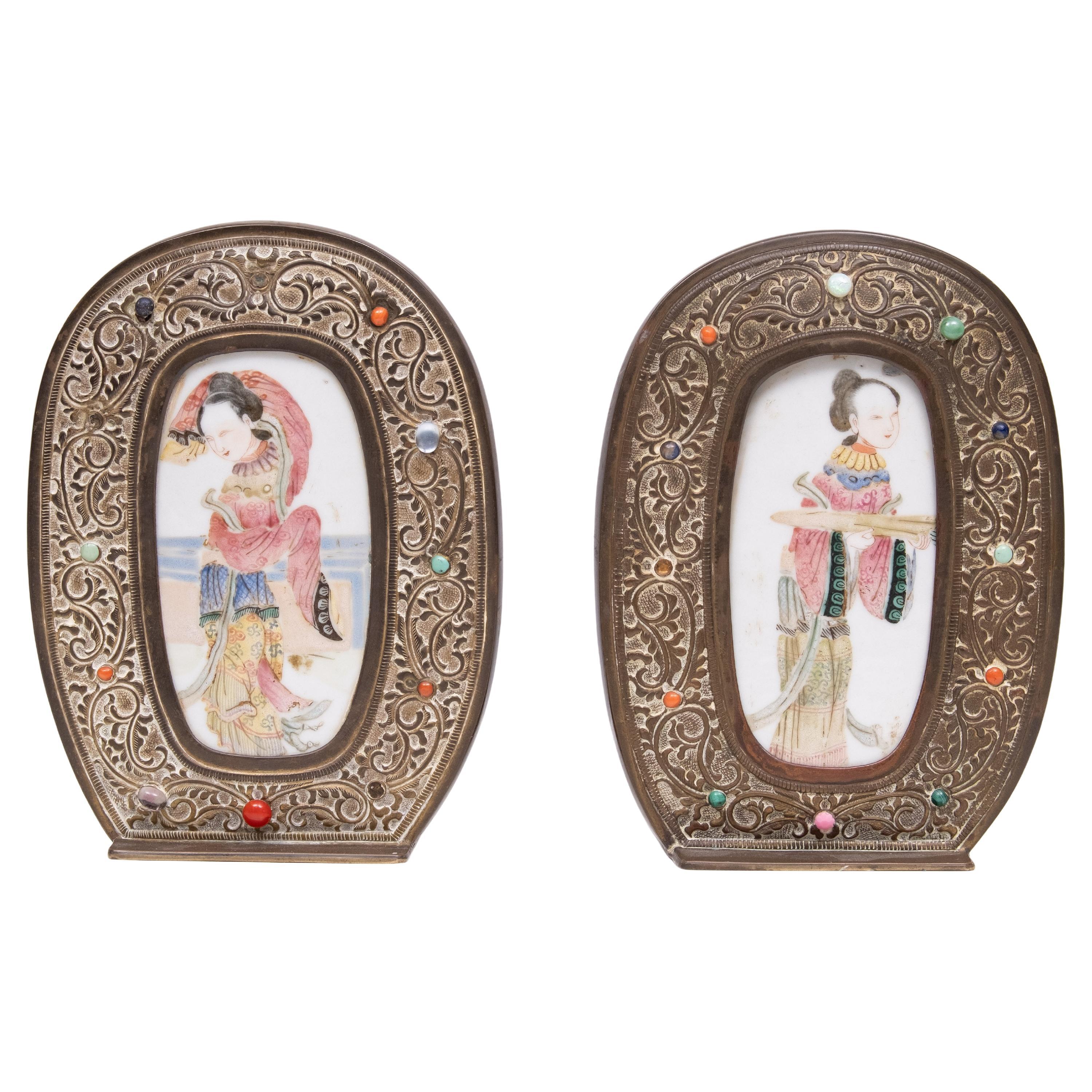 Very nice set of book ends . Embossed Brass frames , decorated 
with Gem stones , Oval shaped Family Rose Porcelain plaques . 
representing Oriental Women .  