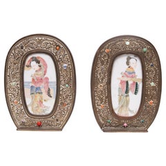 Antique Chinese Family Rose Porcelain Brass Book ends