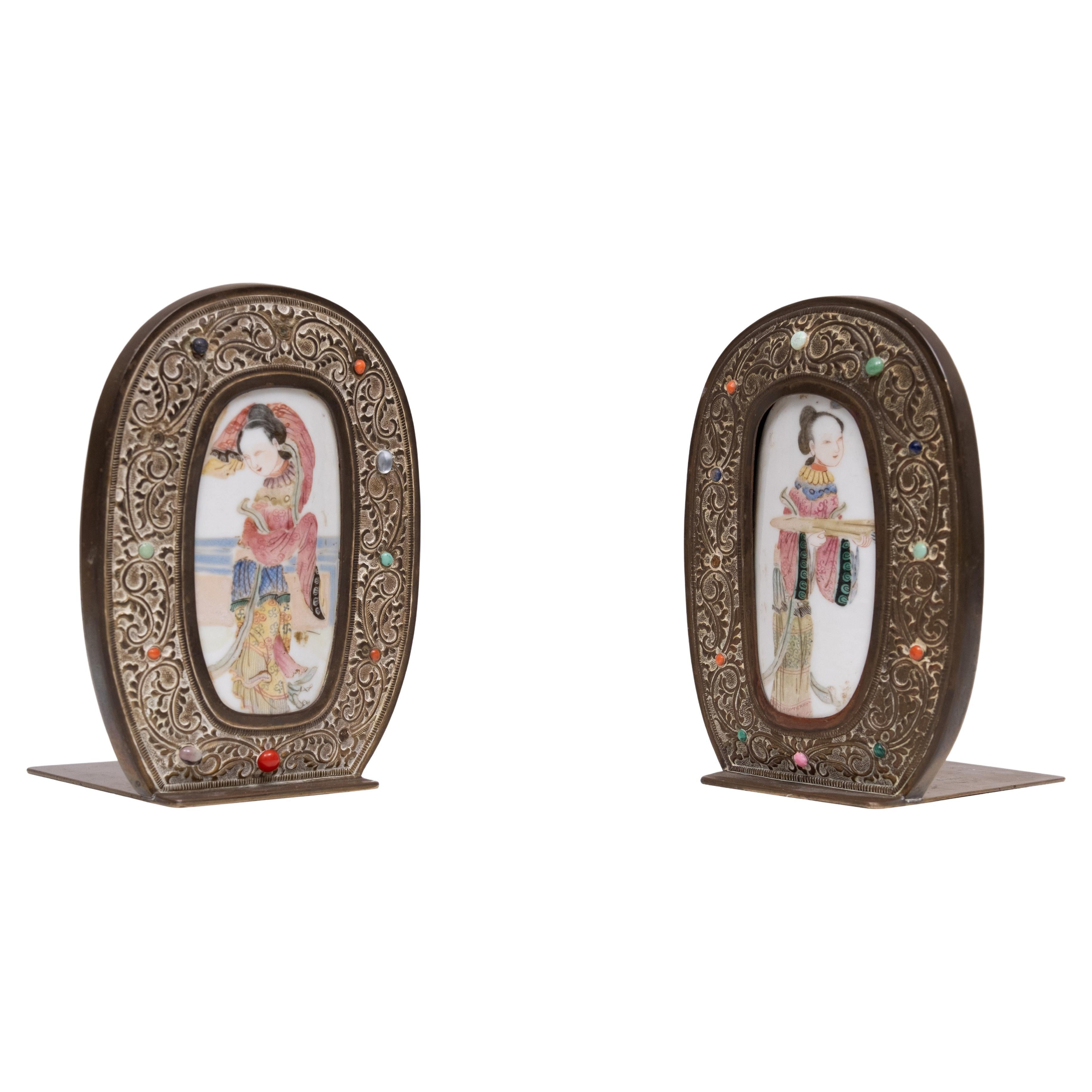 Antique Chinese Family Rose Porcelain Brass Book ends