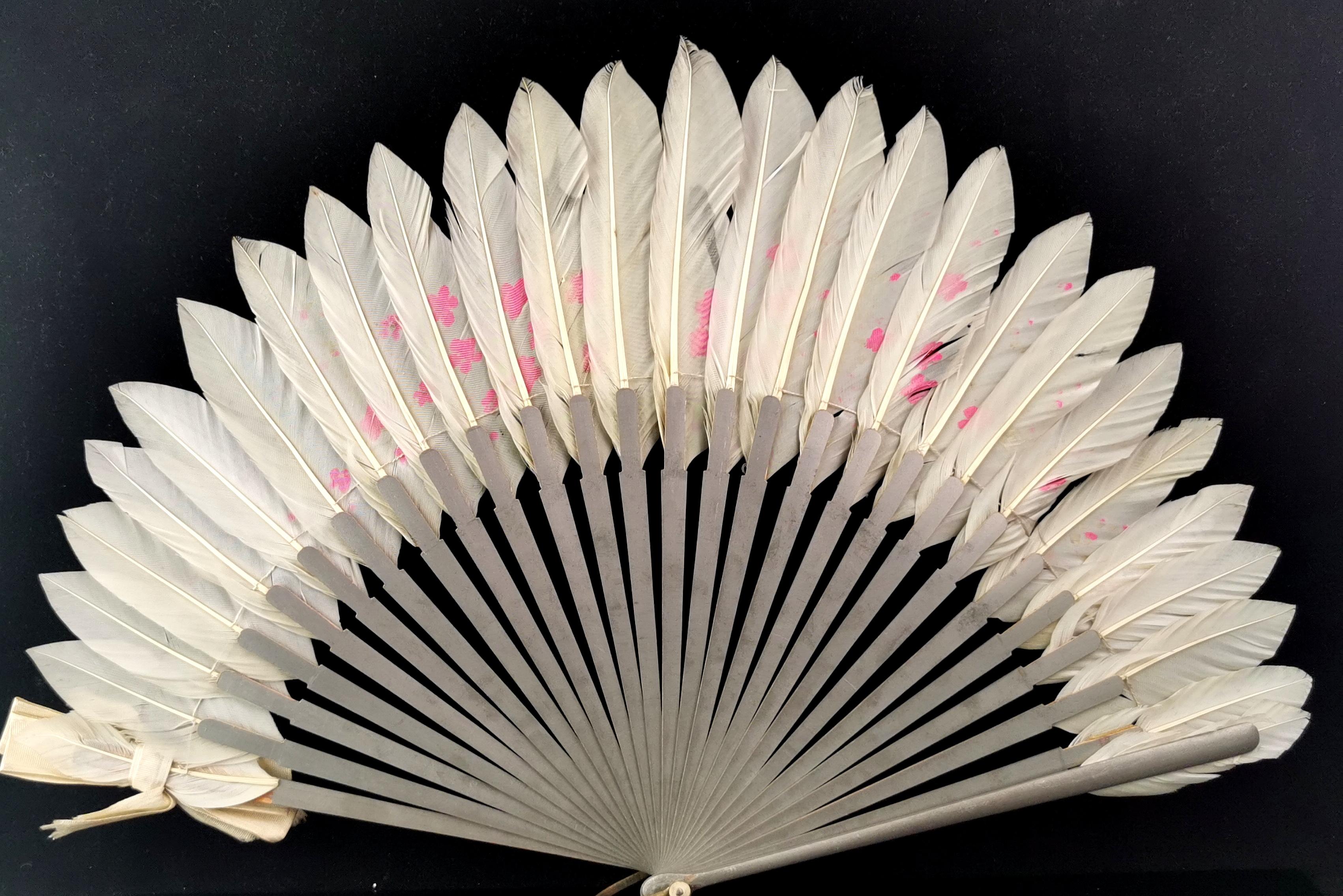 Antique Chinese feather hand fan, Birds and Blossom  6