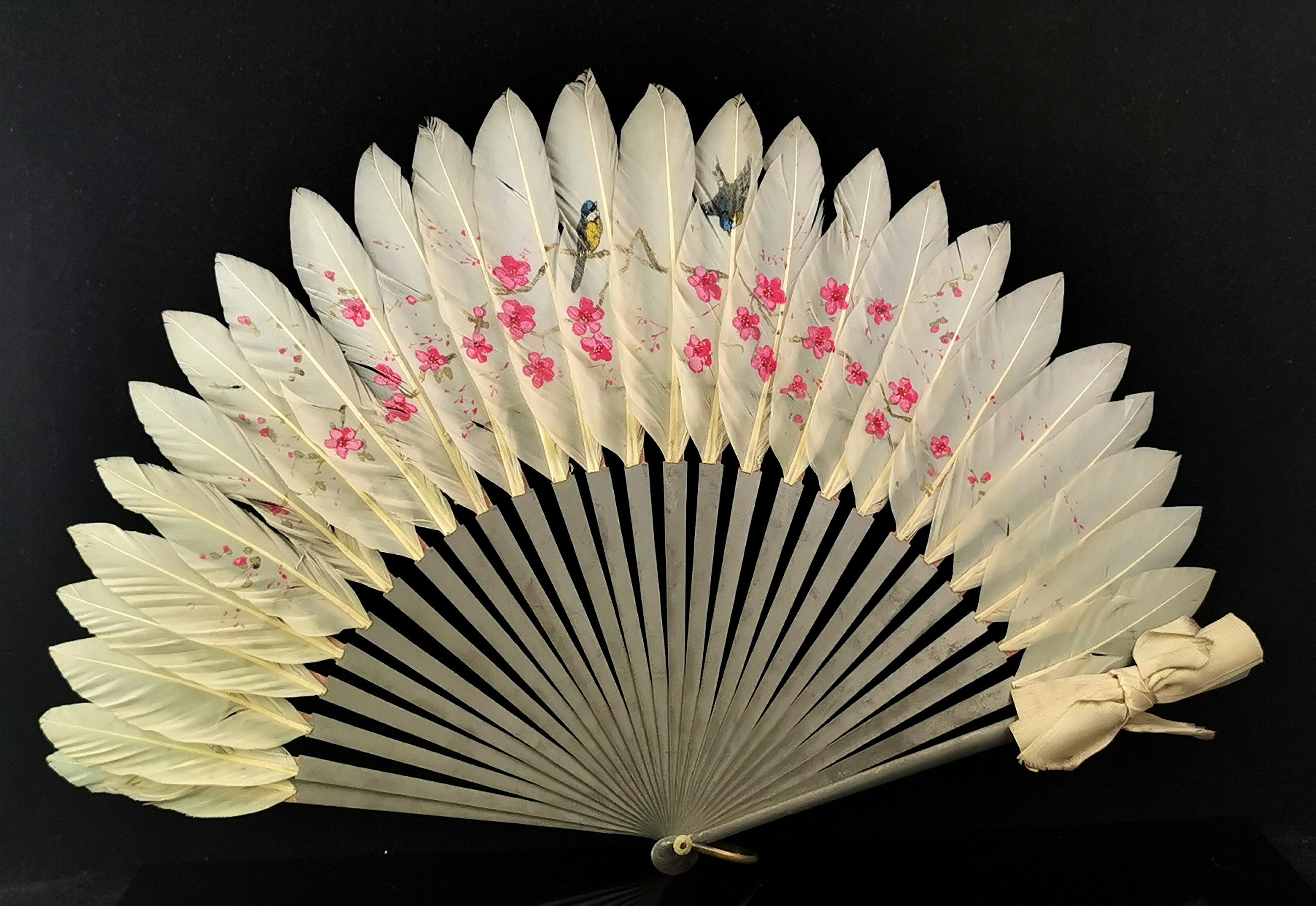 Antique Chinese feather hand fan, Birds and Blossom  7