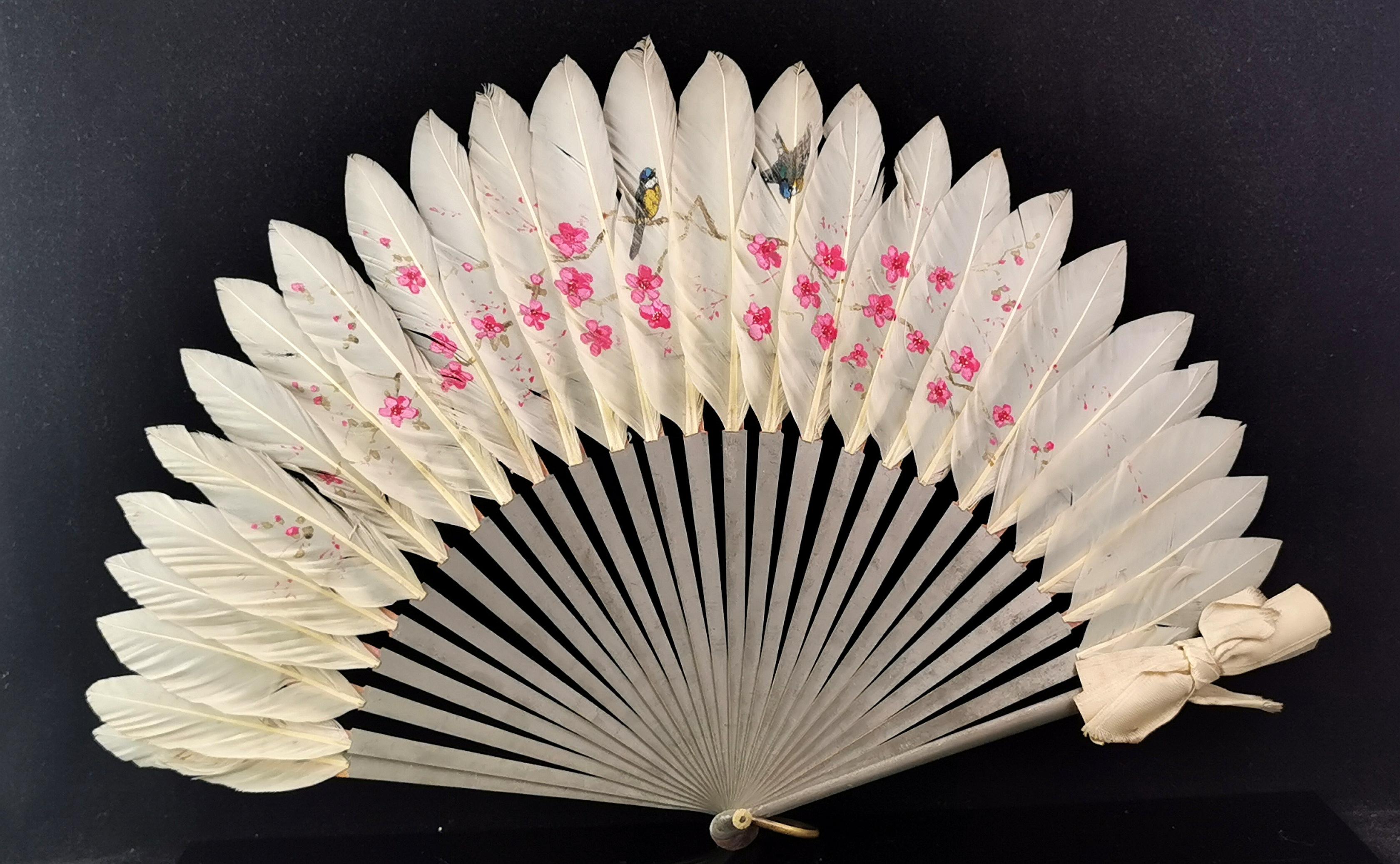 A beautiful antique Chinese feather hand fan.

The fan is made from off white feathers possibly goose, attached to silver painted wood sticks and guards.

The feathers have a gorgeous hand painted scene of birds and cherry blossom.

It has a small