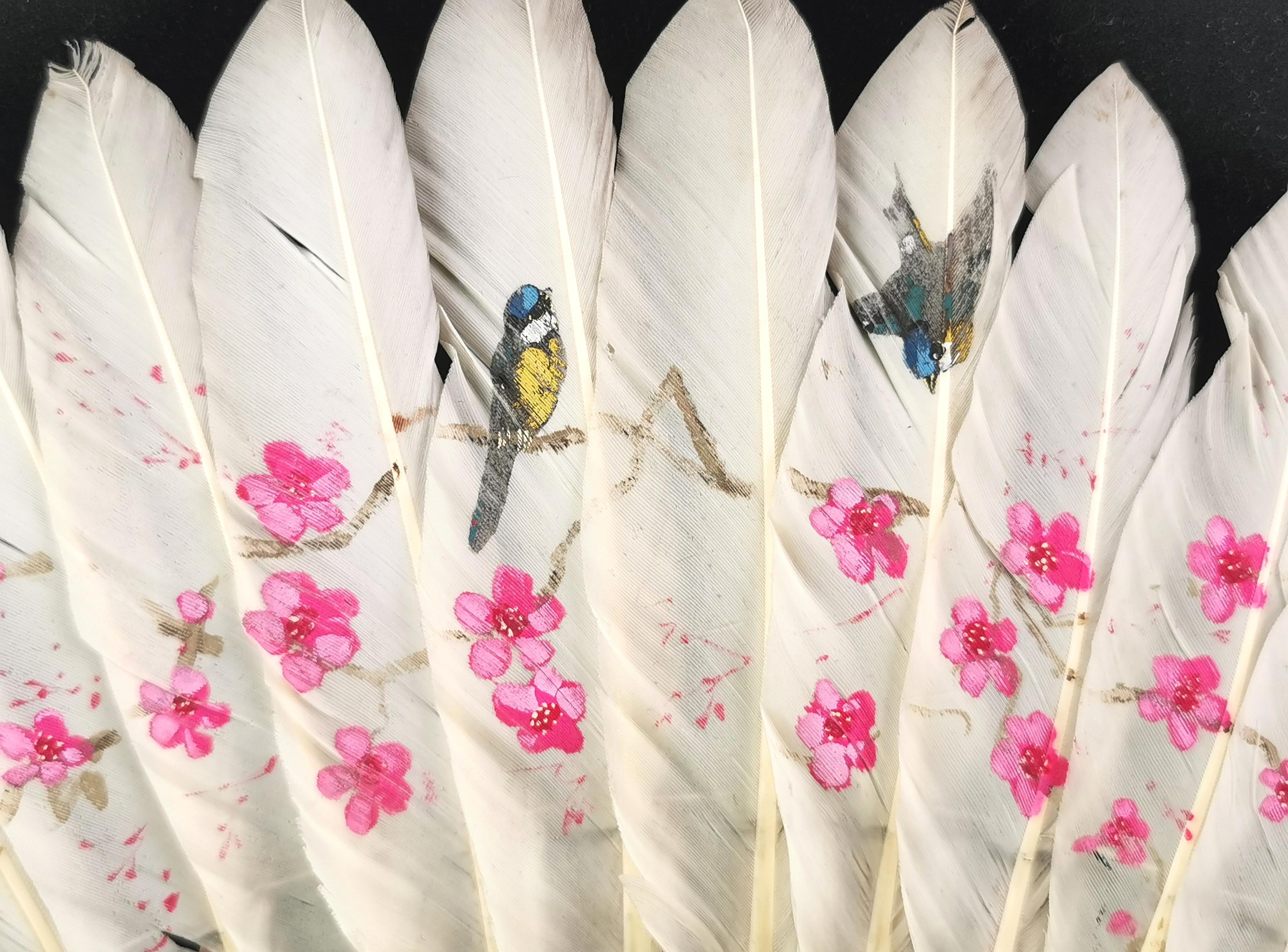 Women's Antique Chinese feather hand fan, Birds and Blossom 