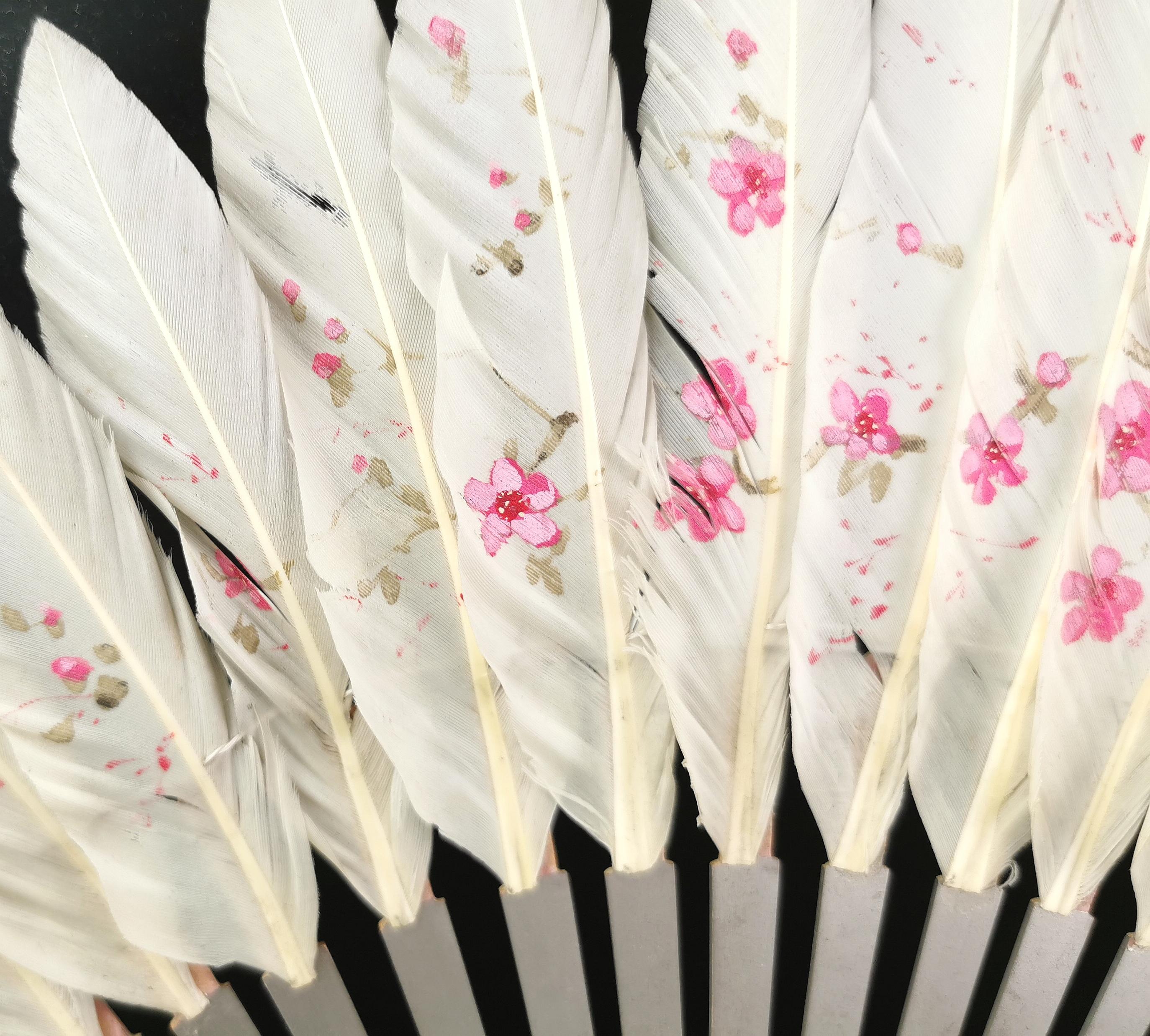 Antique Chinese feather hand fan, Birds and Blossom  1