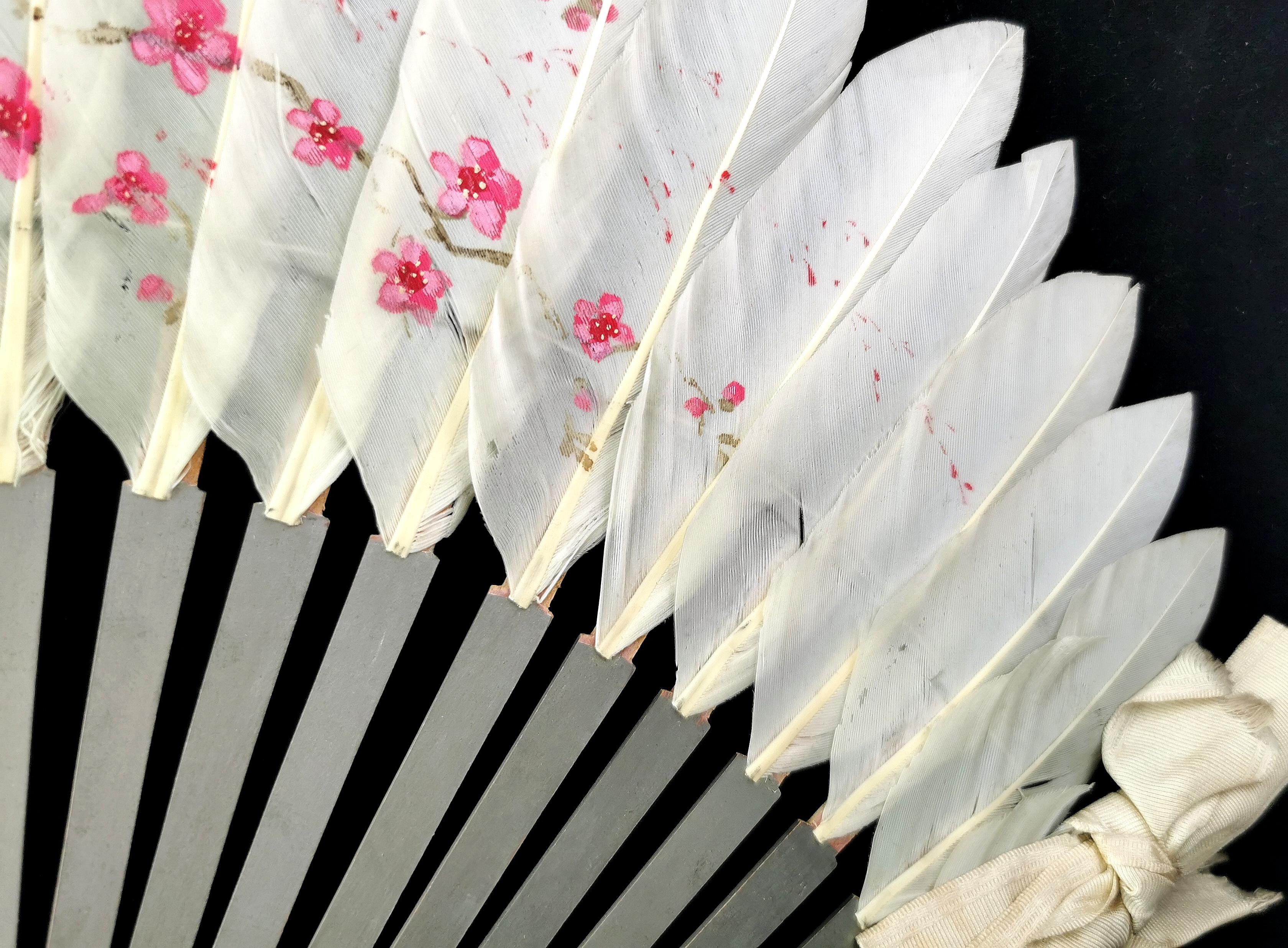 Antique Chinese feather hand fan, Birds and Blossom  4