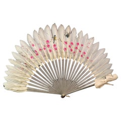 Antique Chinese feather hand fan, Birds and Blossom 