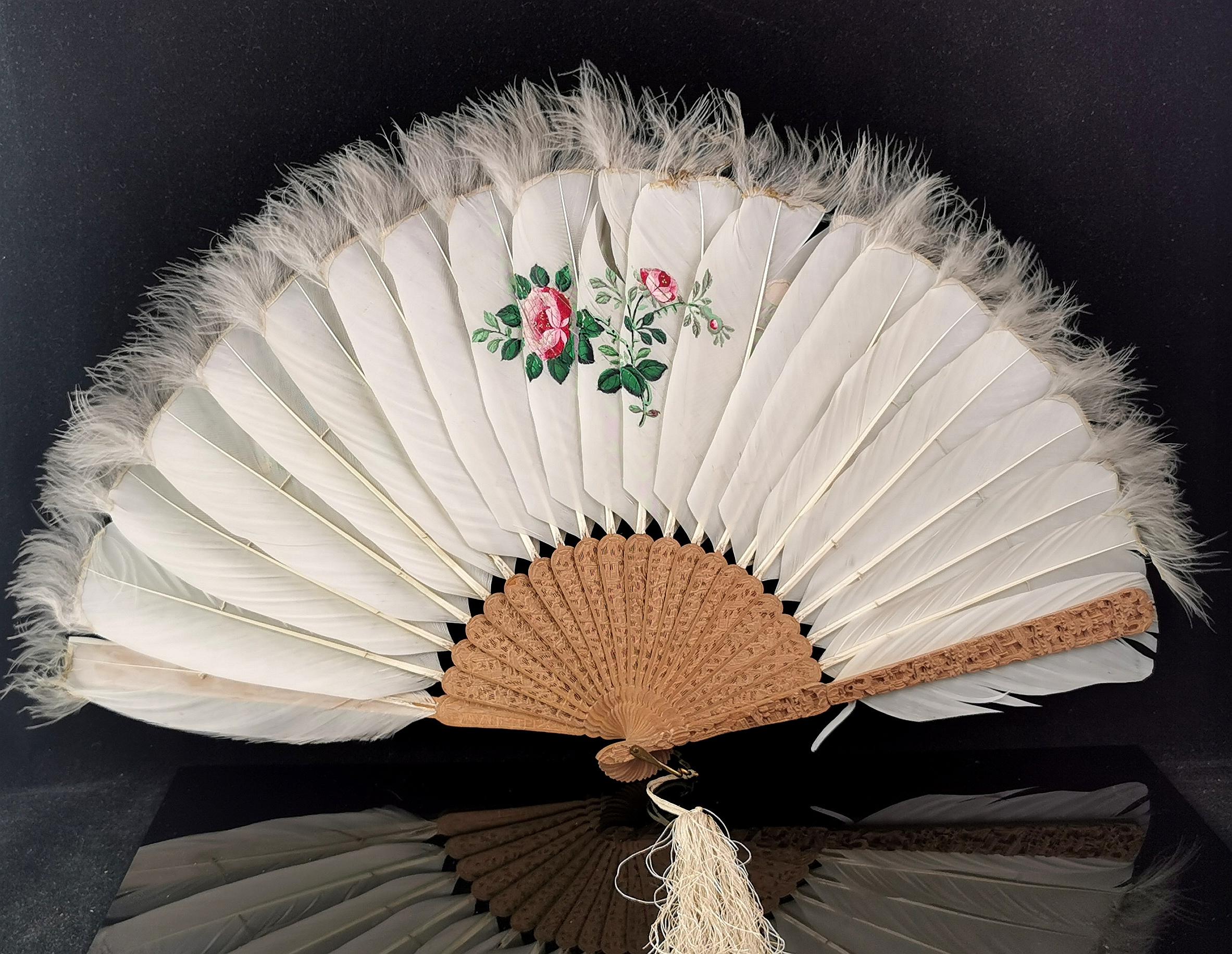Antique Chinese feather hand fan, Butterfly and flowers 8