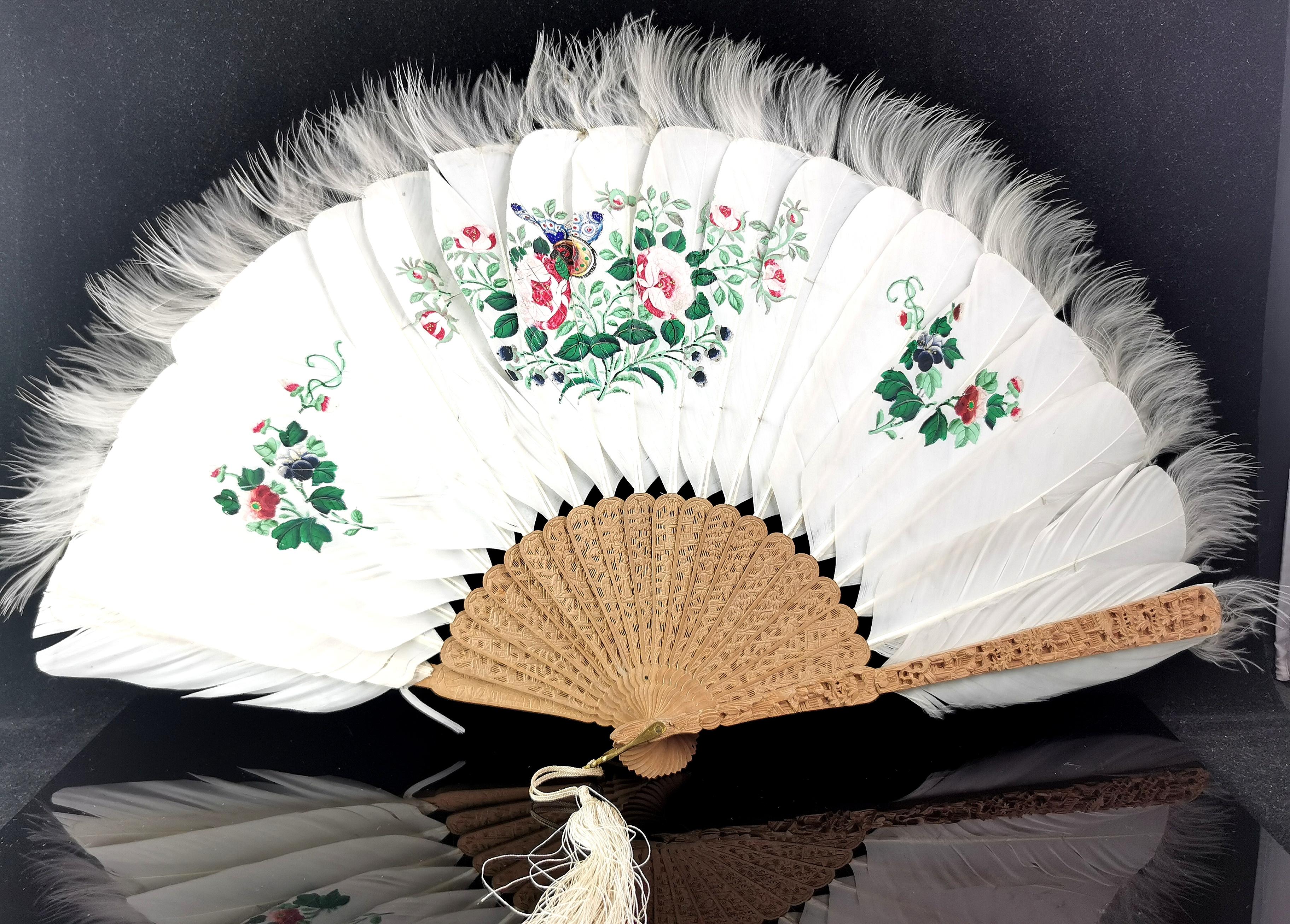 Antique Chinese feather hand fan, Butterfly and flowers 3