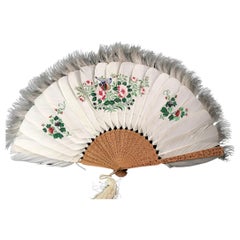 Antique Chinese feather hand fan, Butterfly and flowers