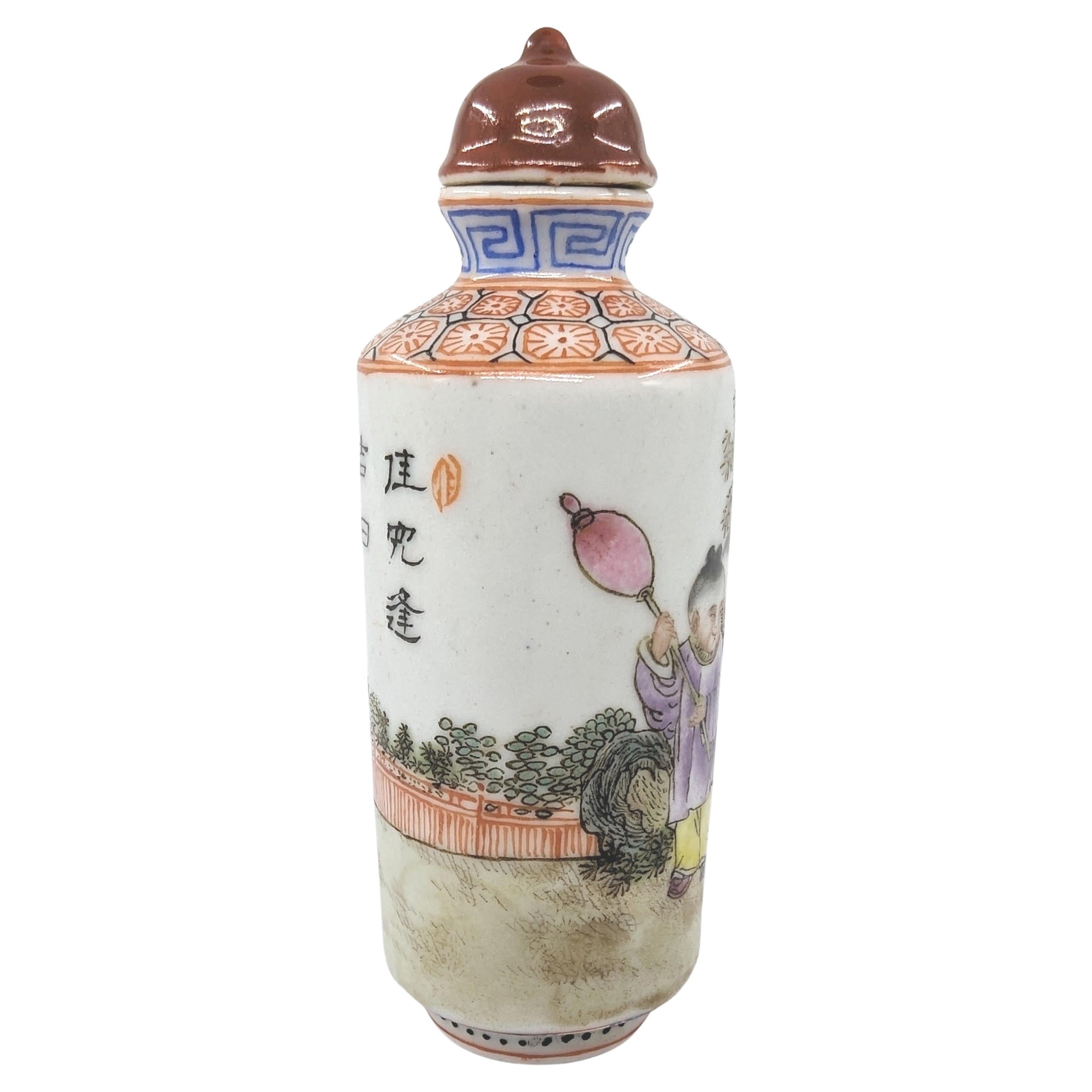 Women's or Men's Antique Chinese Fencai Famille Rose Snuff Bottle Boys 19c Qing Guangxu Mark For Sale