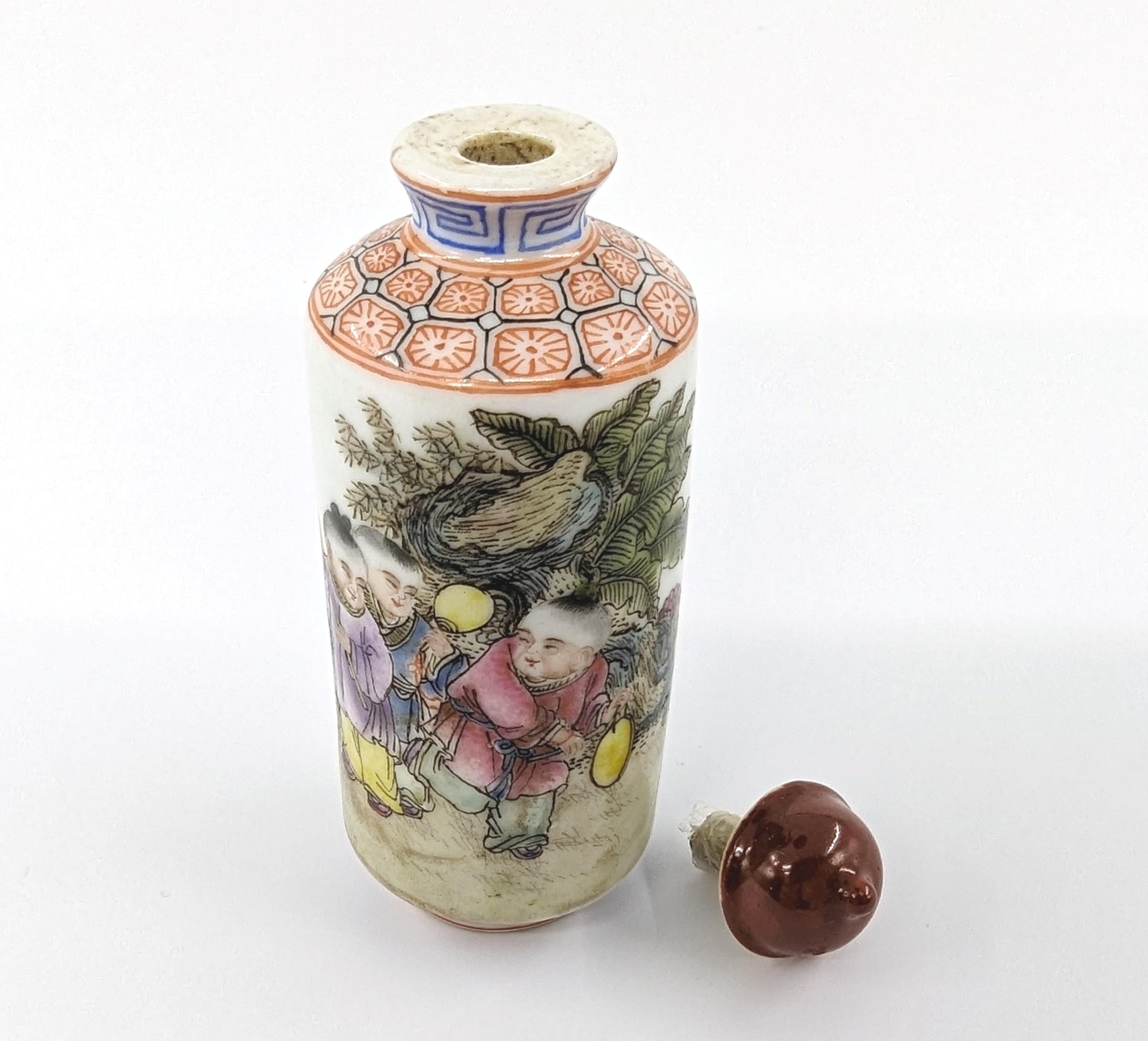Antique Chinese Fencai Famille Rose Snuff Bottle Boys 19c Qing Guangxu Mark For Sale 1