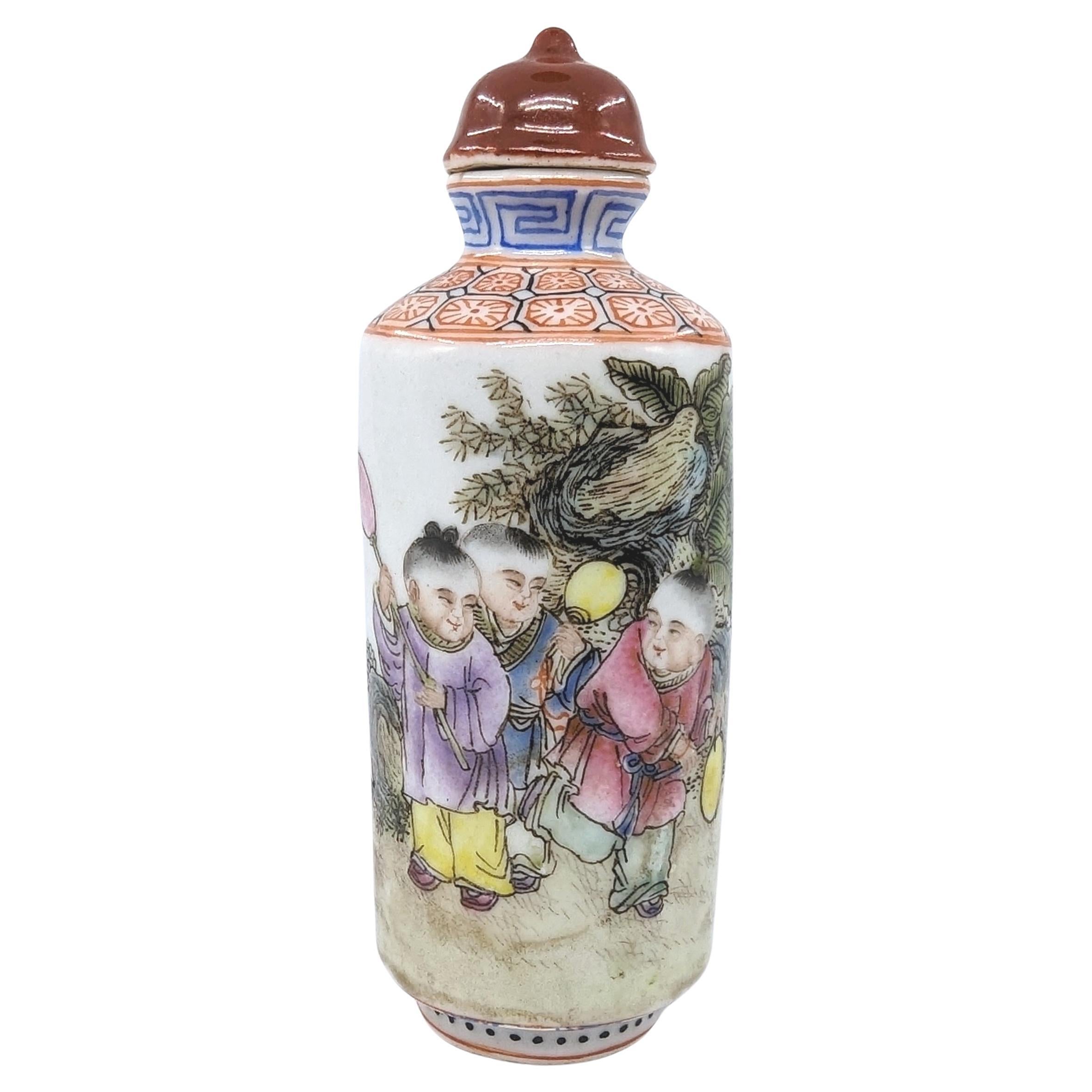 Antique Chinese Fencai Famille Rose Snuff Bottle Boys 19c Qing Guangxu Mark For Sale