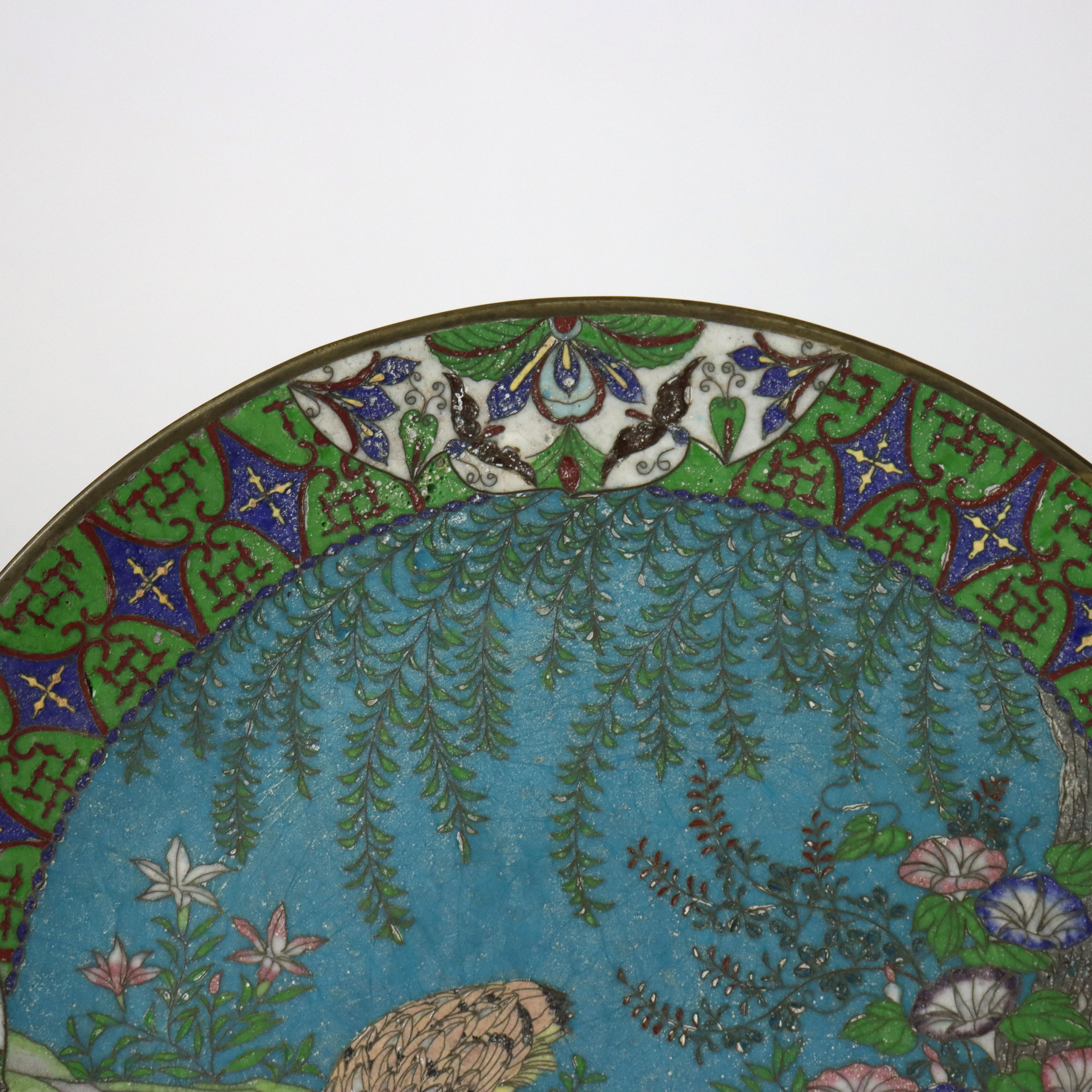 Antike chinesische Figural Vogel & Floral Cloisonne emailliert Charger C1920 (Chinesisch) im Angebot