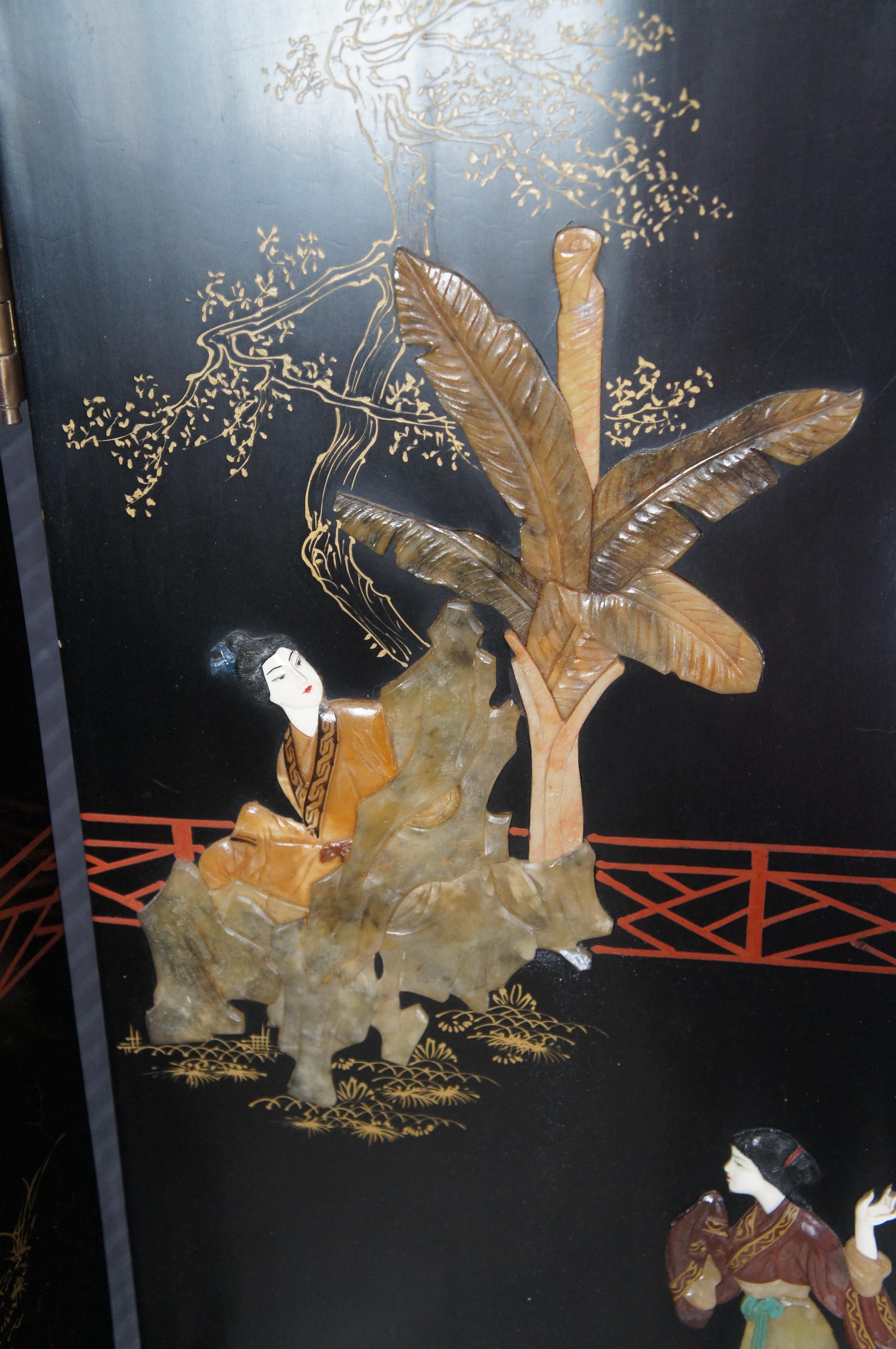 Antique Chinese Figural Black Lacquer Soapstone MOP Folding Screen Room Divider en vente 3