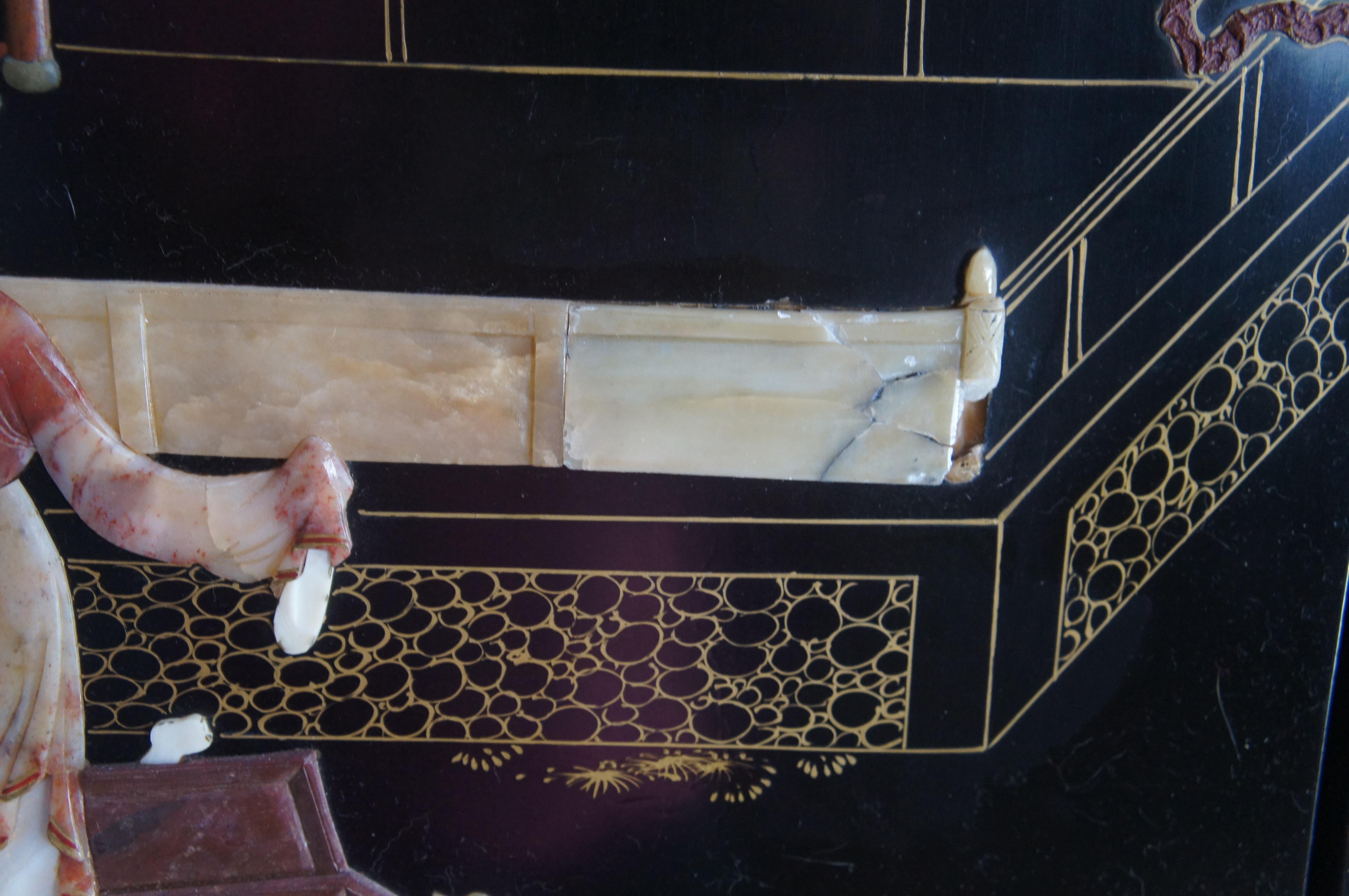 Antique Chinese Figural Black Lacquer Soapstone MOP Folding Screen Room Divider en vente 4