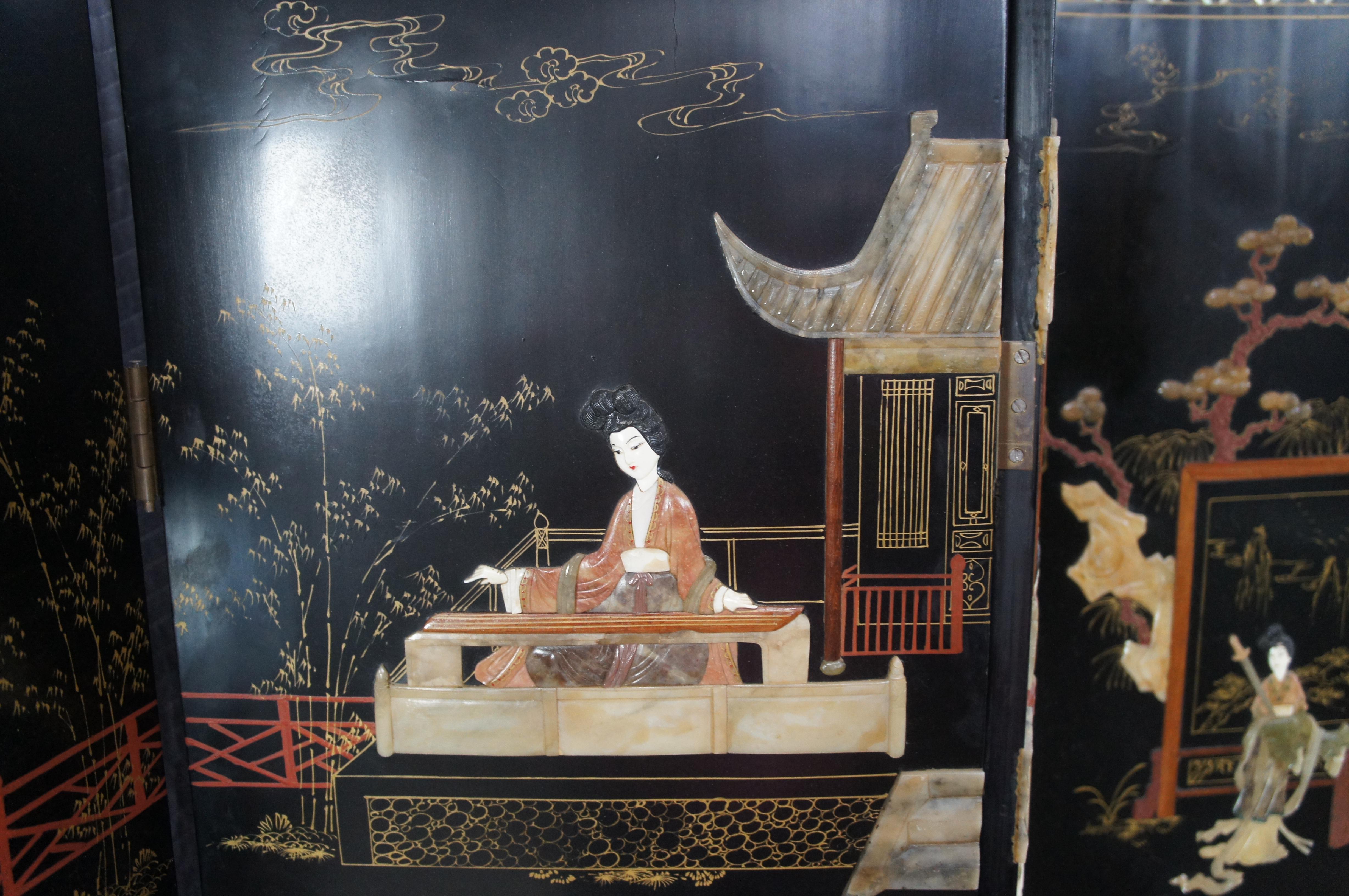 Antique Chinese Figural Black Lacquer Soapstone MOP Folding Screen Room Divider en vente 6