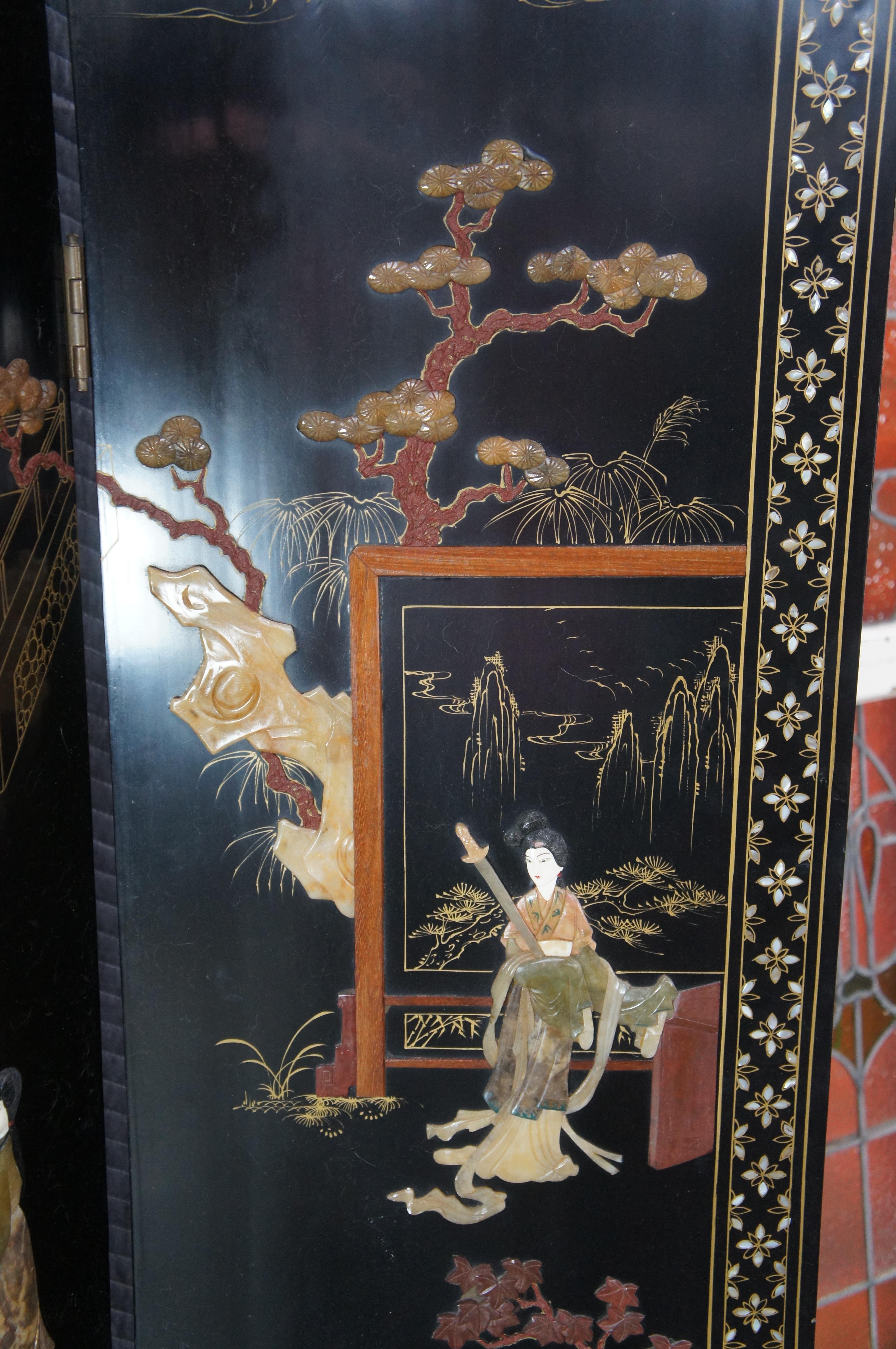 Antique Chinese Figural Black Lacquer Soapstone MOP Folding Screen Room Divider en vente 7