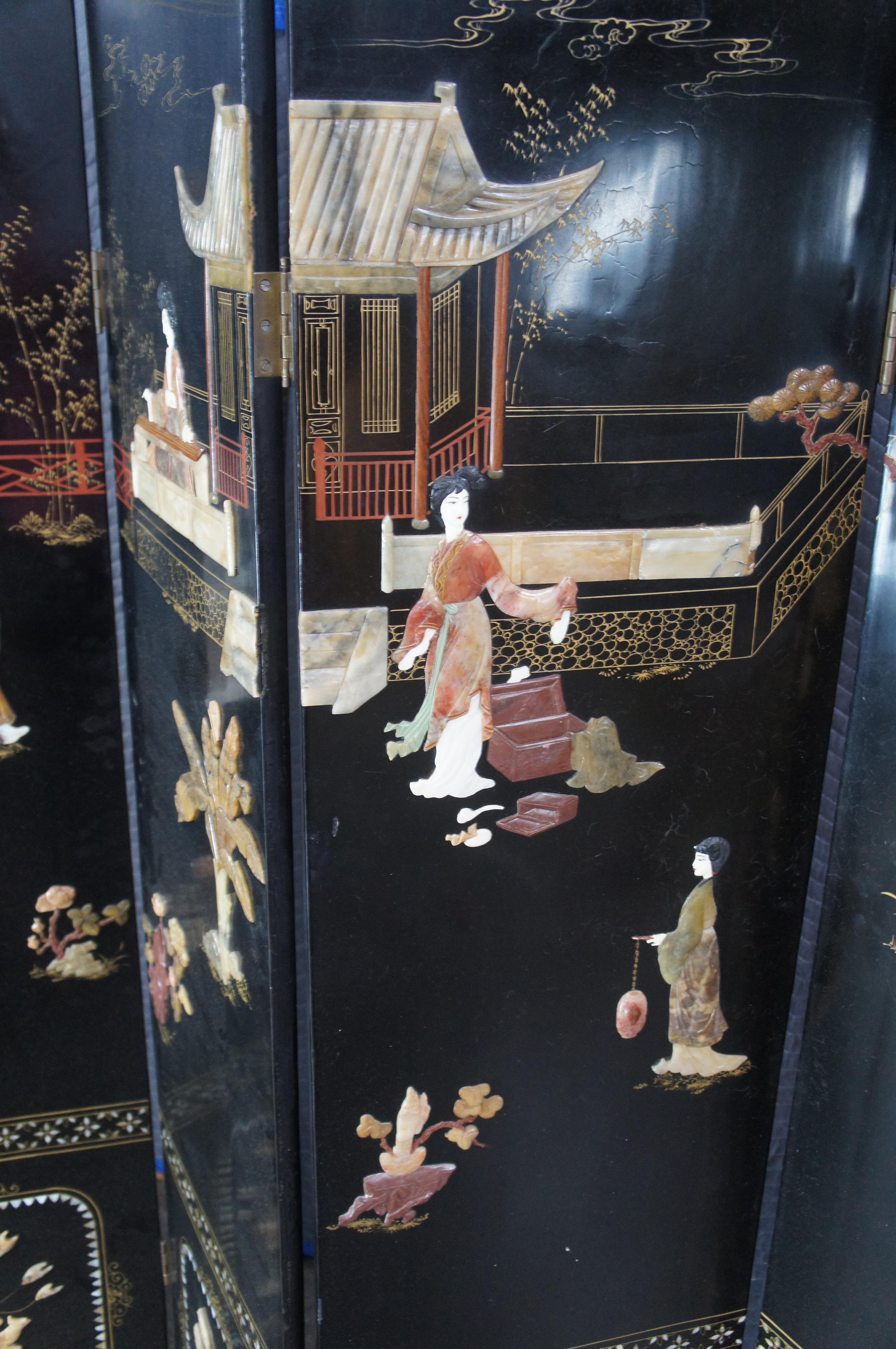 Antique Chinese Figural Black Lacquer Soapstone MOP Folding Screen Room Divider en vente 8