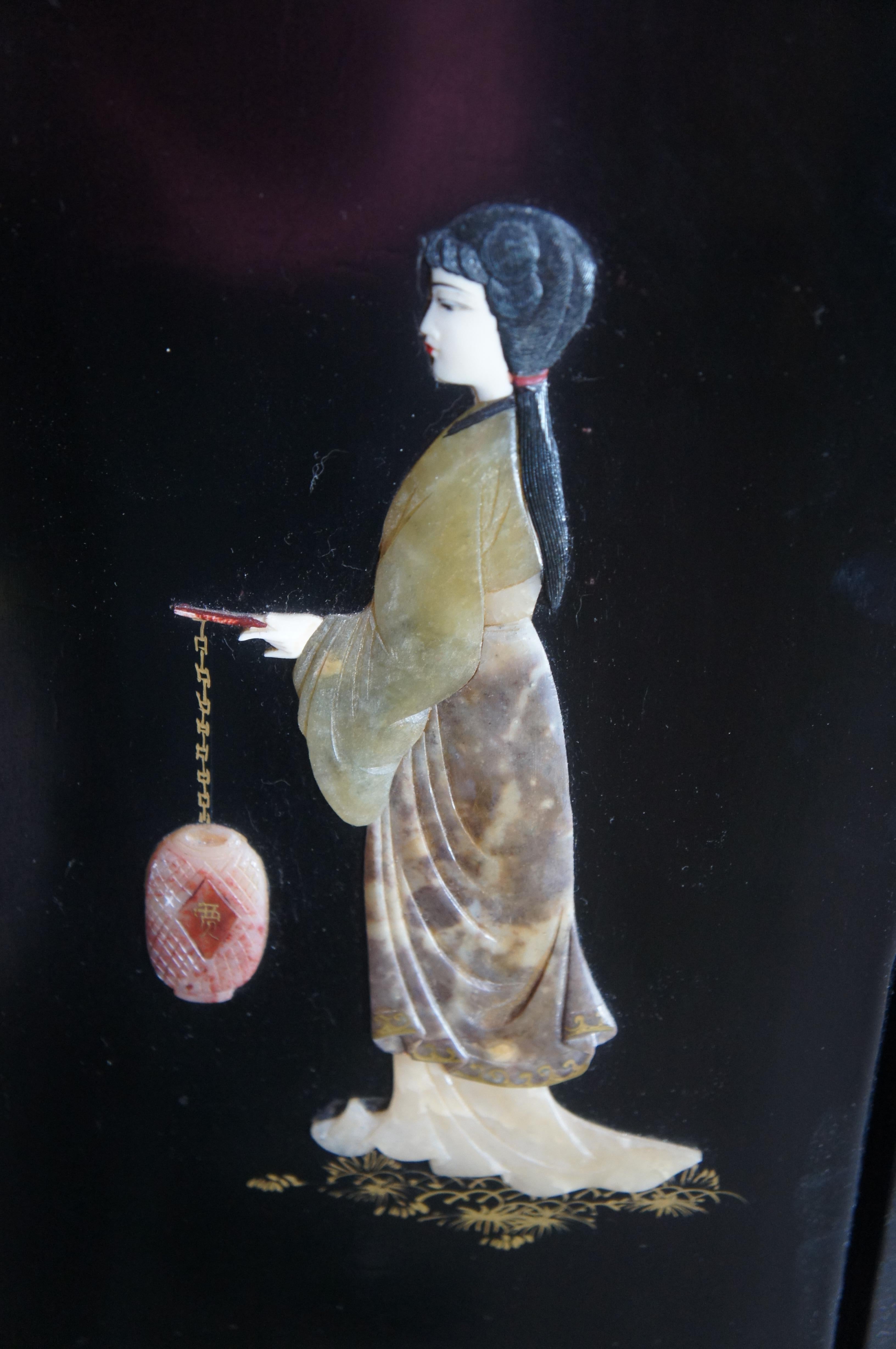 Antique Chinese Figural Black Lacquer Soapstone MOP Folding Screen Room Divider en vente 11