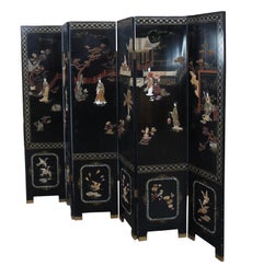 Antique Chinese Figural Black Lacquer Soapstone MOP Folding Screen Room Divider