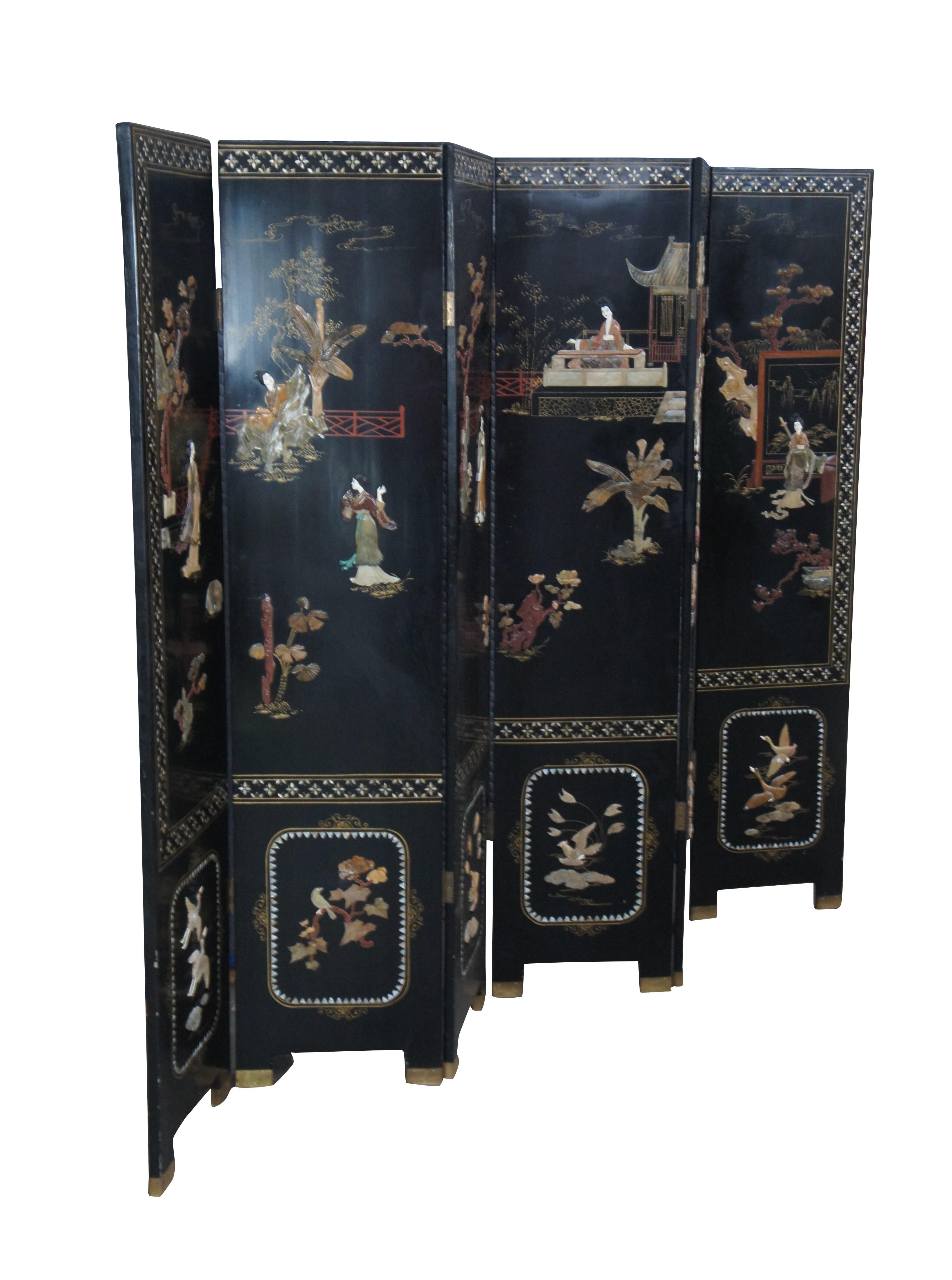 Chinoiseries Antique Chinese Figural Black Lacquer Soapstone MOP Folding Screen Room Divider en vente