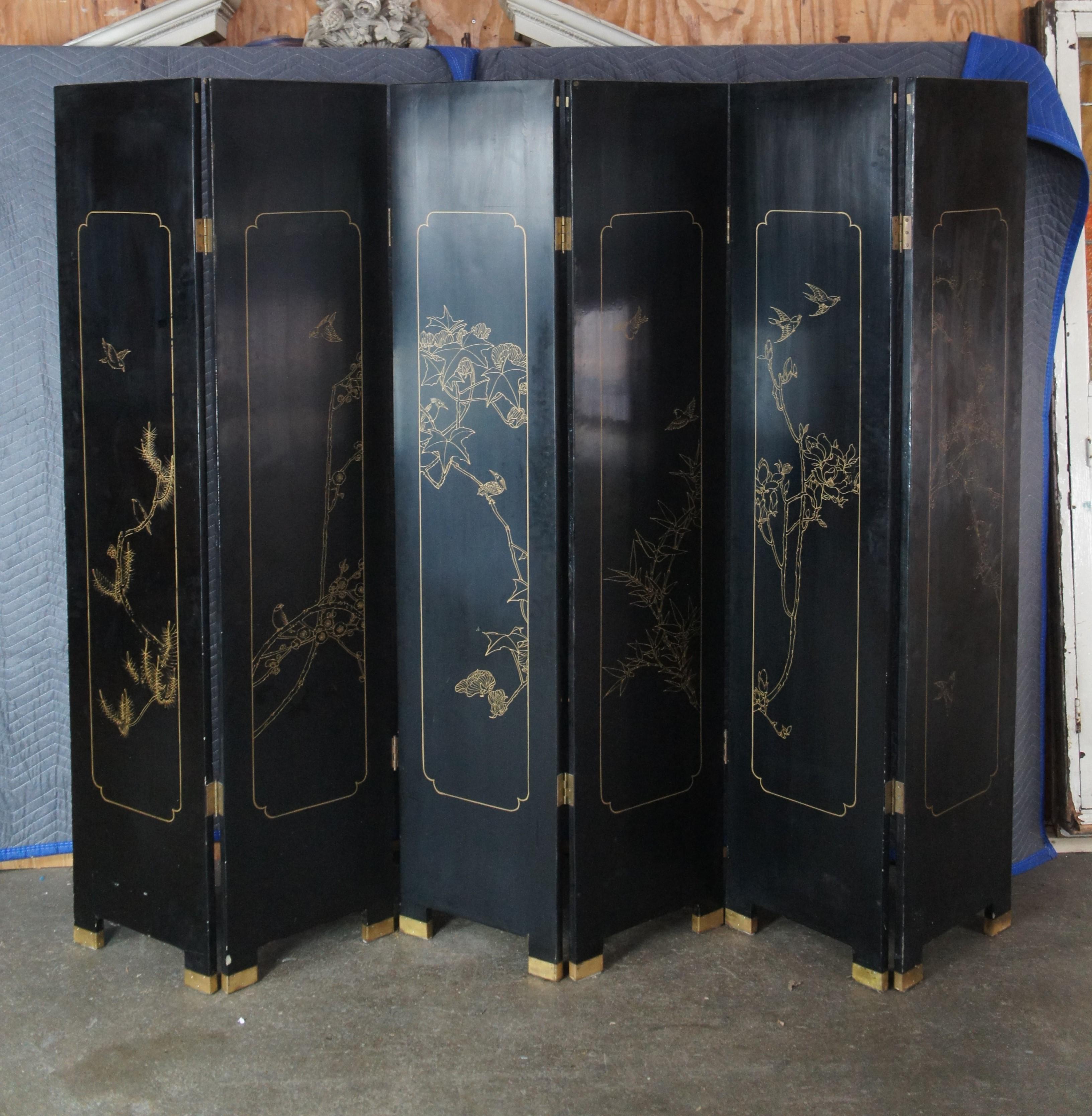 Chinois Antique Chinese Figural Black Lacquer Soapstone MOP Folding Screen Room Divider en vente