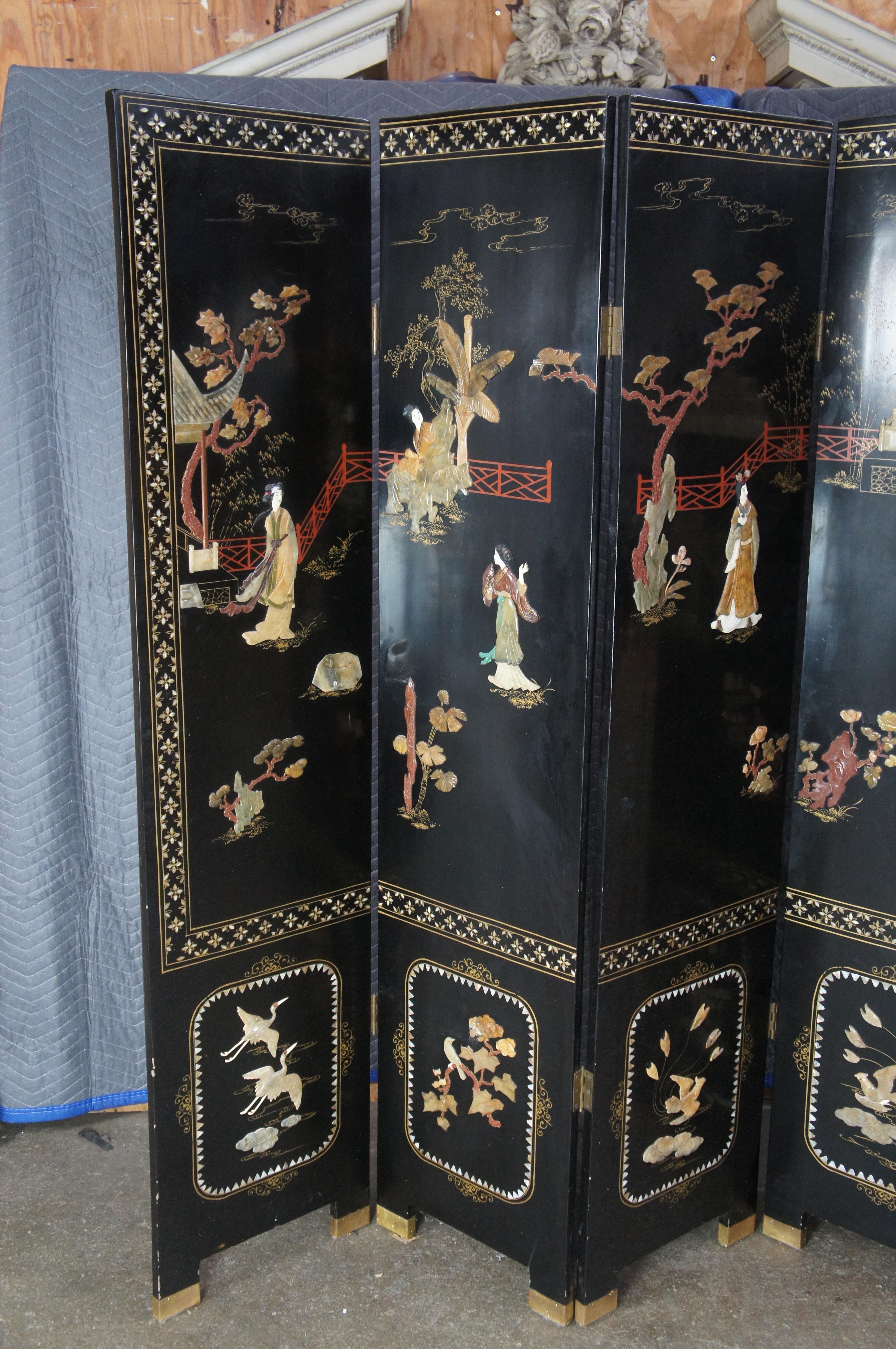 Antique Chinese Figural Black Lacquer Soapstone MOP Folding Screen Room Divider Bon état - En vente à Dayton, OH