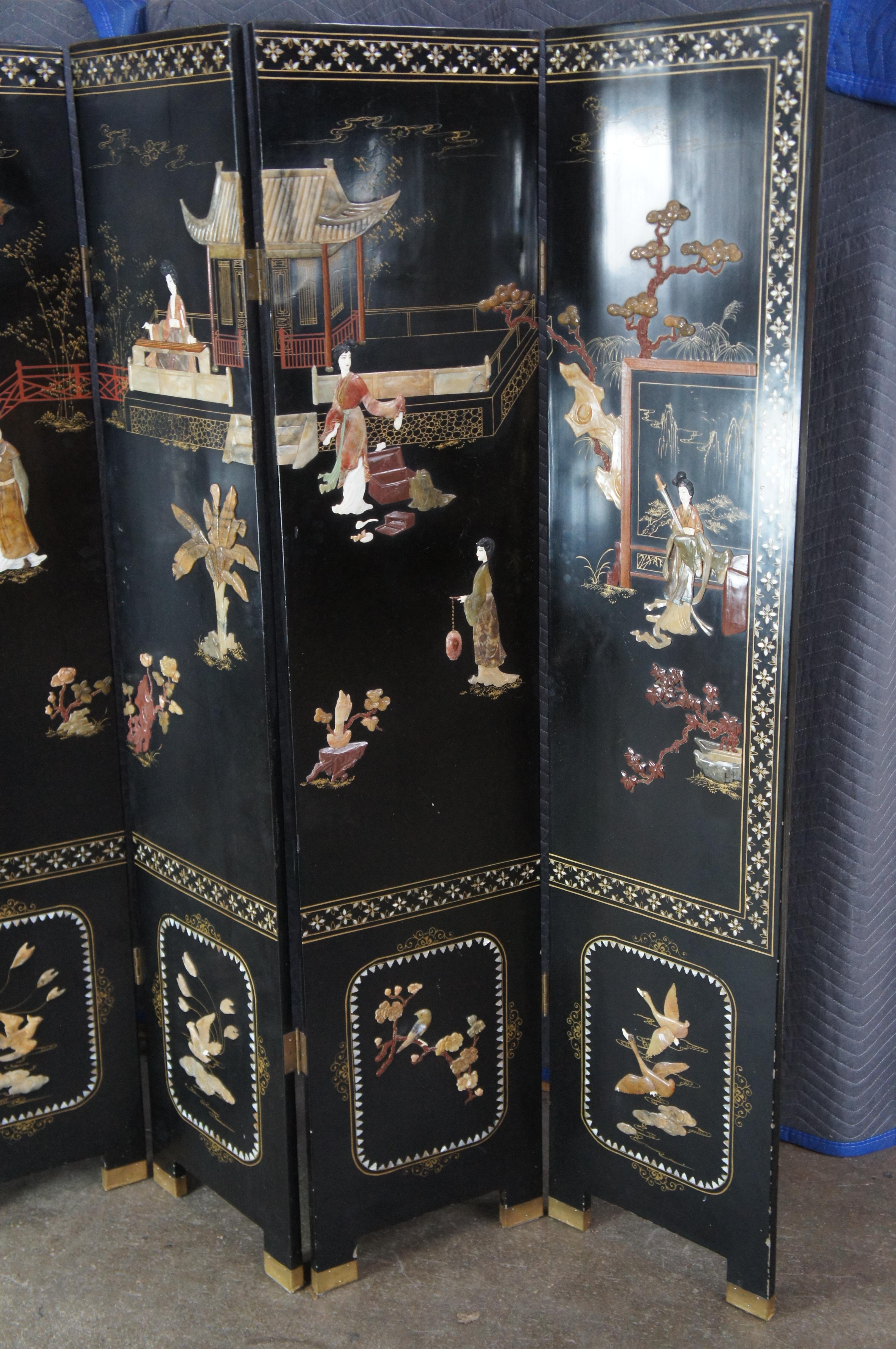Laiton Antique Chinese Figural Black Lacquer Soapstone MOP Folding Screen Room Divider en vente