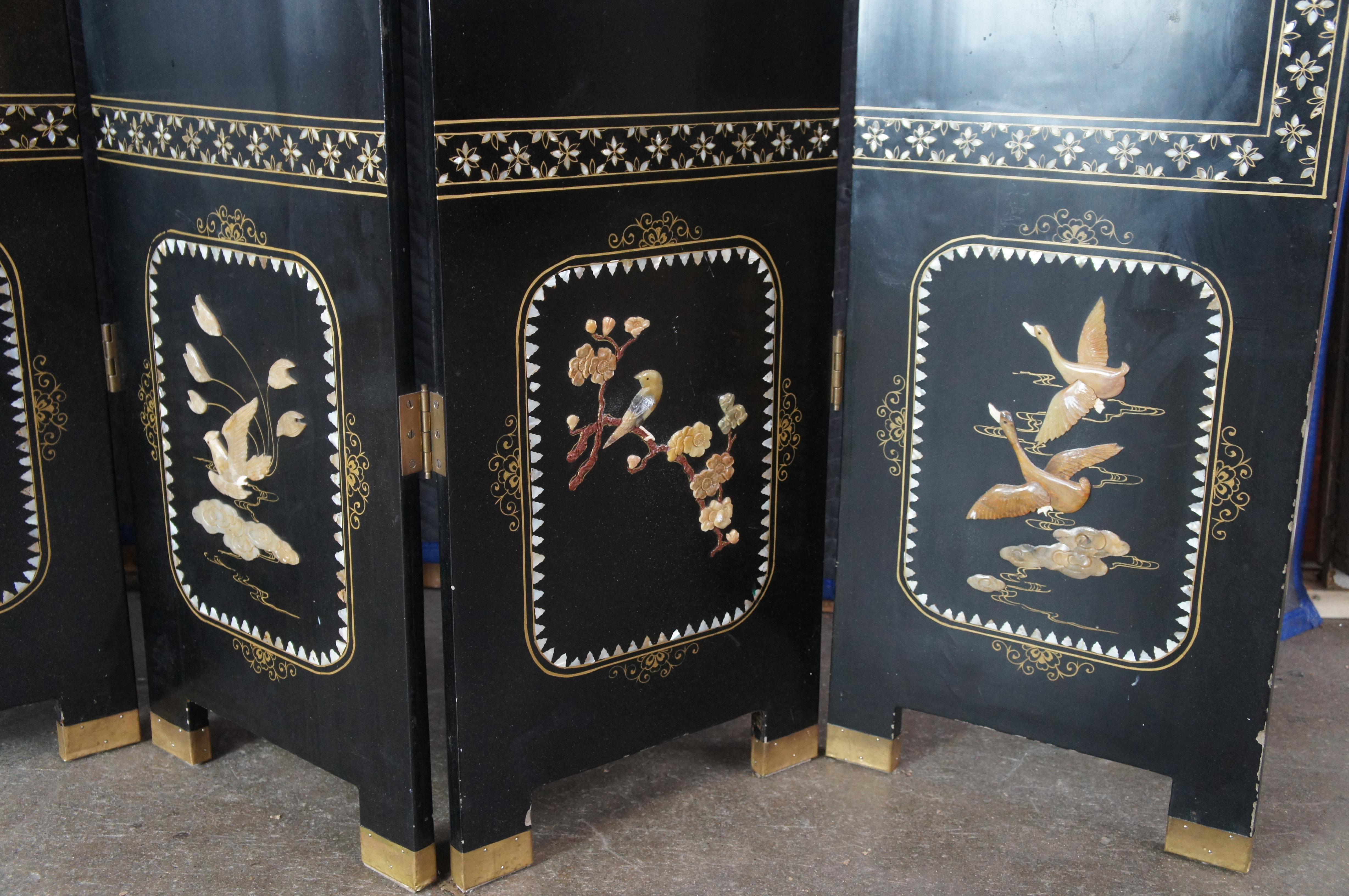 Antique Chinese Figural Black Lacquer Soapstone MOP Folding Screen Room Divider en vente 1