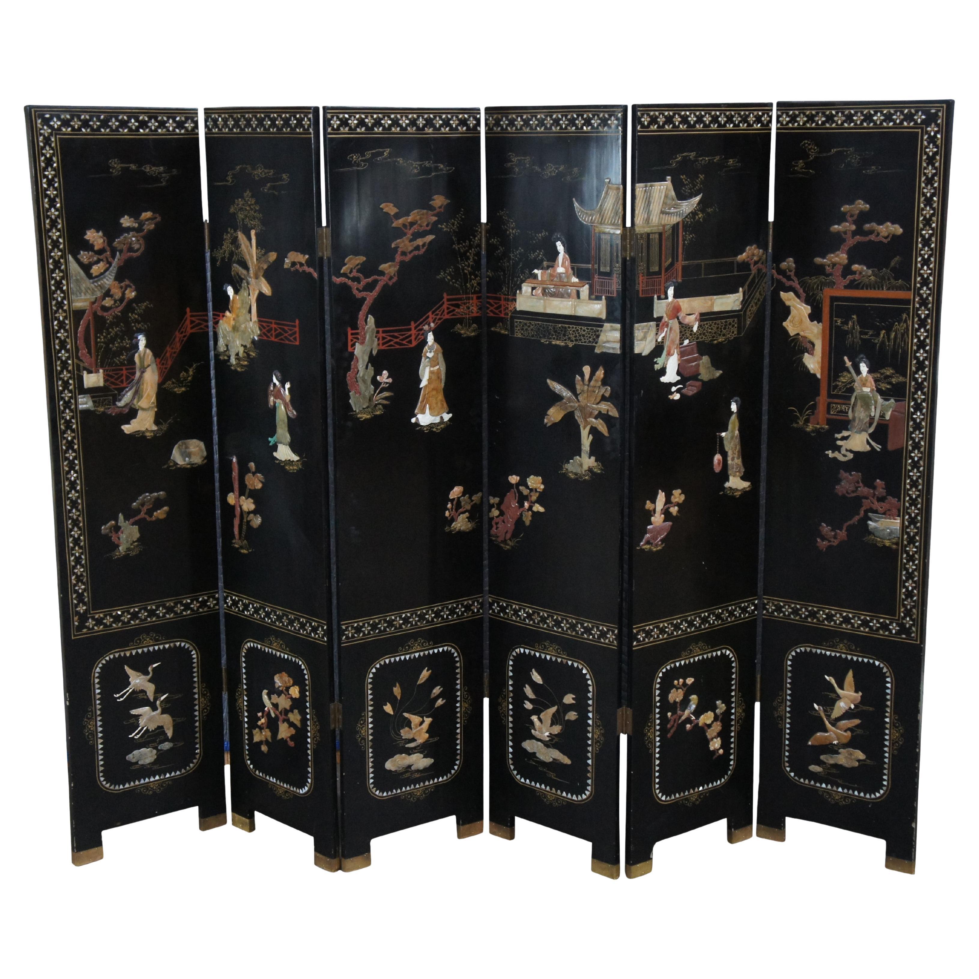 Antique Chinese Figural Black Lacquer Soapstone MOP Folding Screen Room Divider