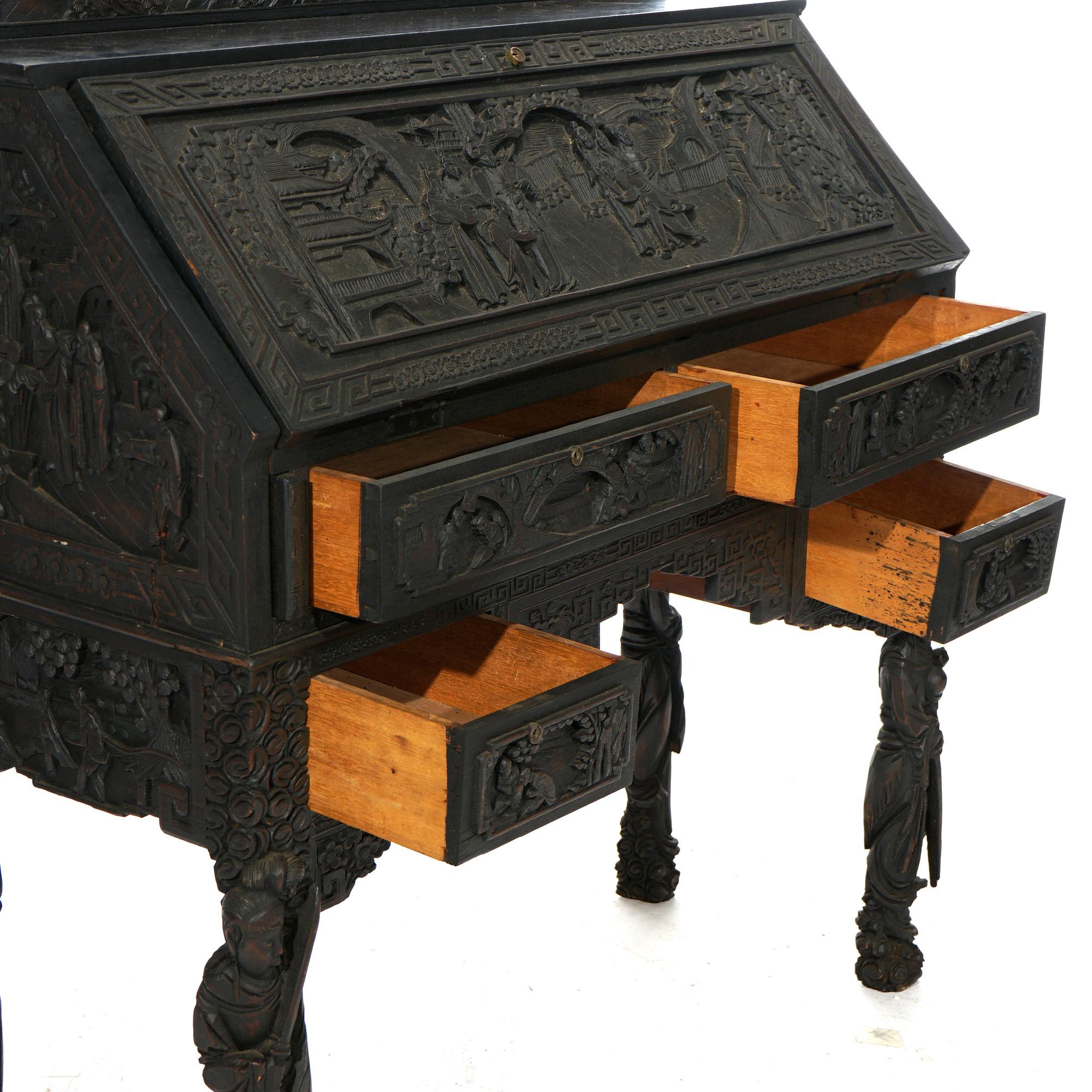 20th Century Antique Chinese Figural Carved Hardwood Drop Front Desk & Chair Circa 1900