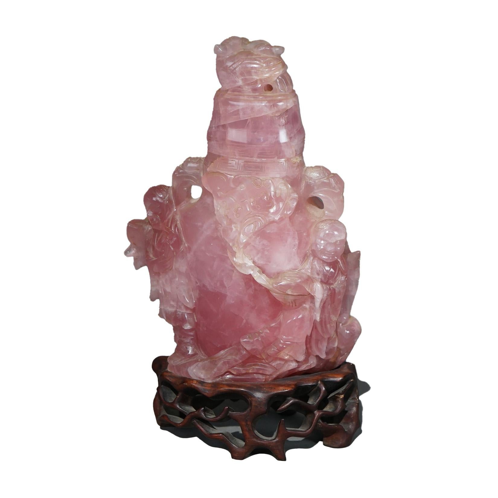 Antique Chinese Figural Carved Rose Quartz Covered Jar on Carved Hardwood Base 5