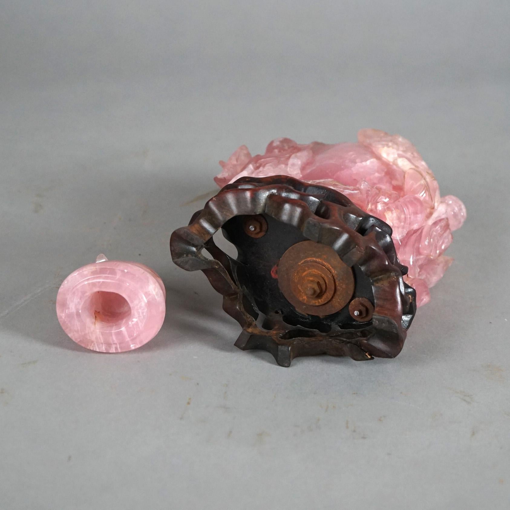 Antique Chinese Figural Carved Rose Quartz Covered Jar on Carved Hardwood Base 6
