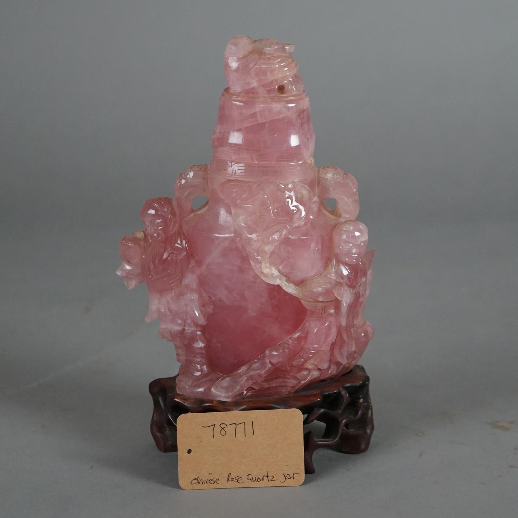 Antique Chinese Figural Carved Rose Quartz Covered Jar on Carved Hardwood Base 7