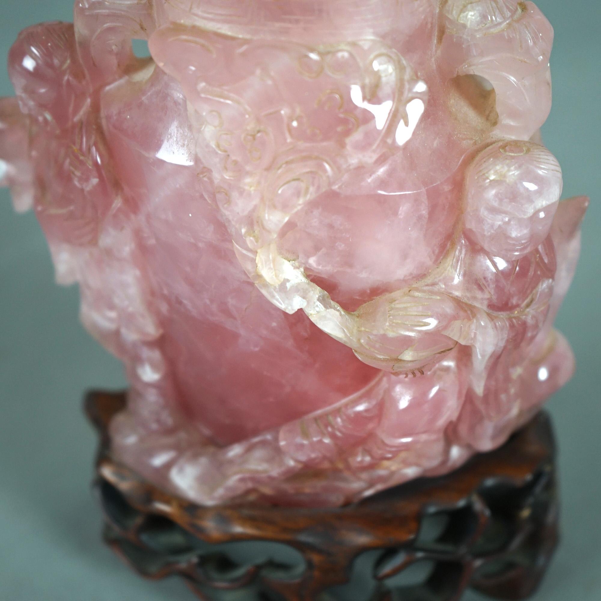Antique Chinese Figural Carved Rose Quartz Covered Jar on Carved Hardwood Base 8