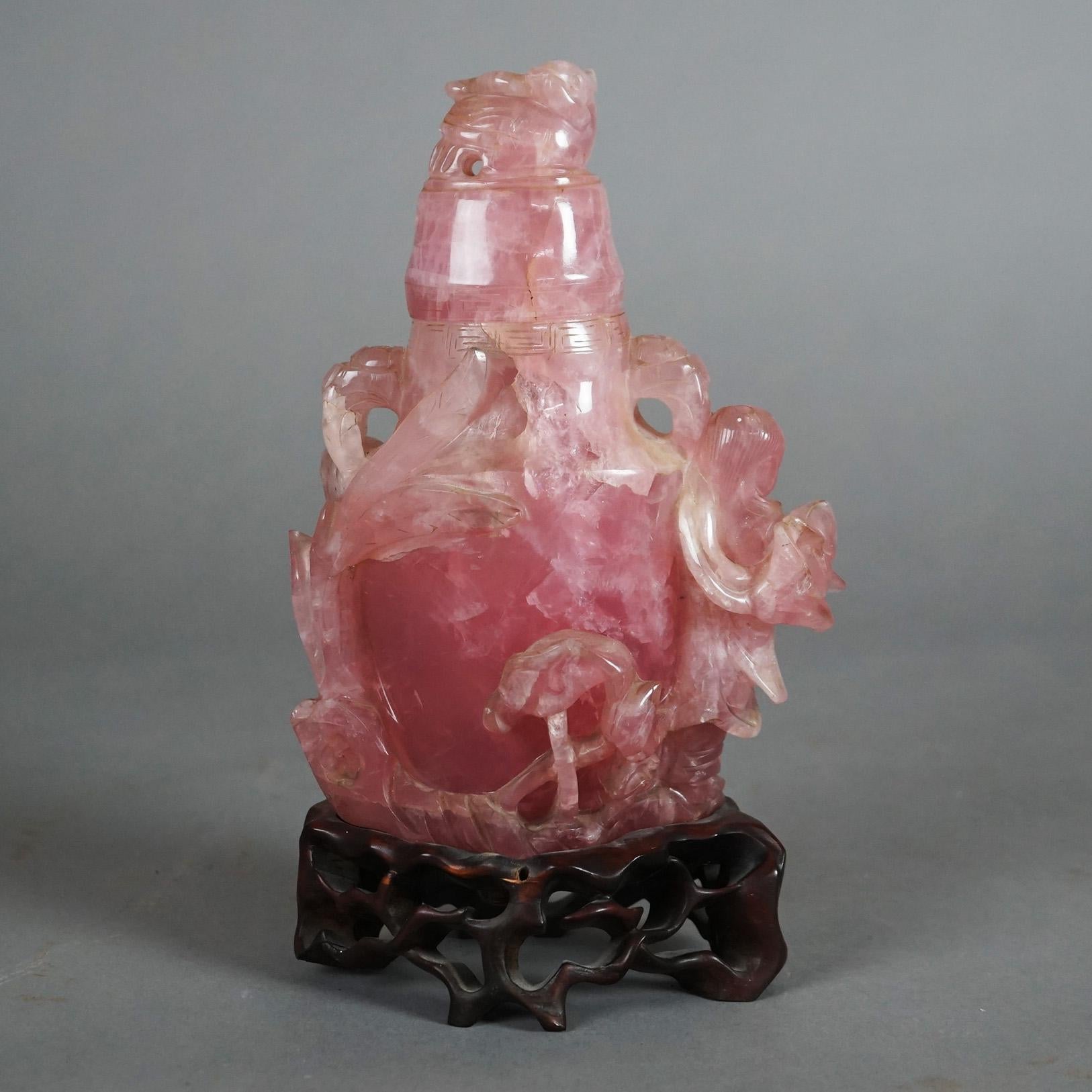 Asian Antique Chinese Figural Carved Rose Quartz Covered Jar on Carved Hardwood Base