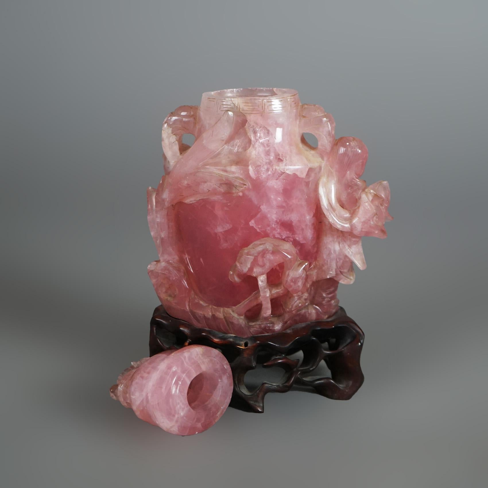 Antique Chinese Figural Carved Rose Quartz Covered Jar on Carved Hardwood Base In Good Condition In Big Flats, NY