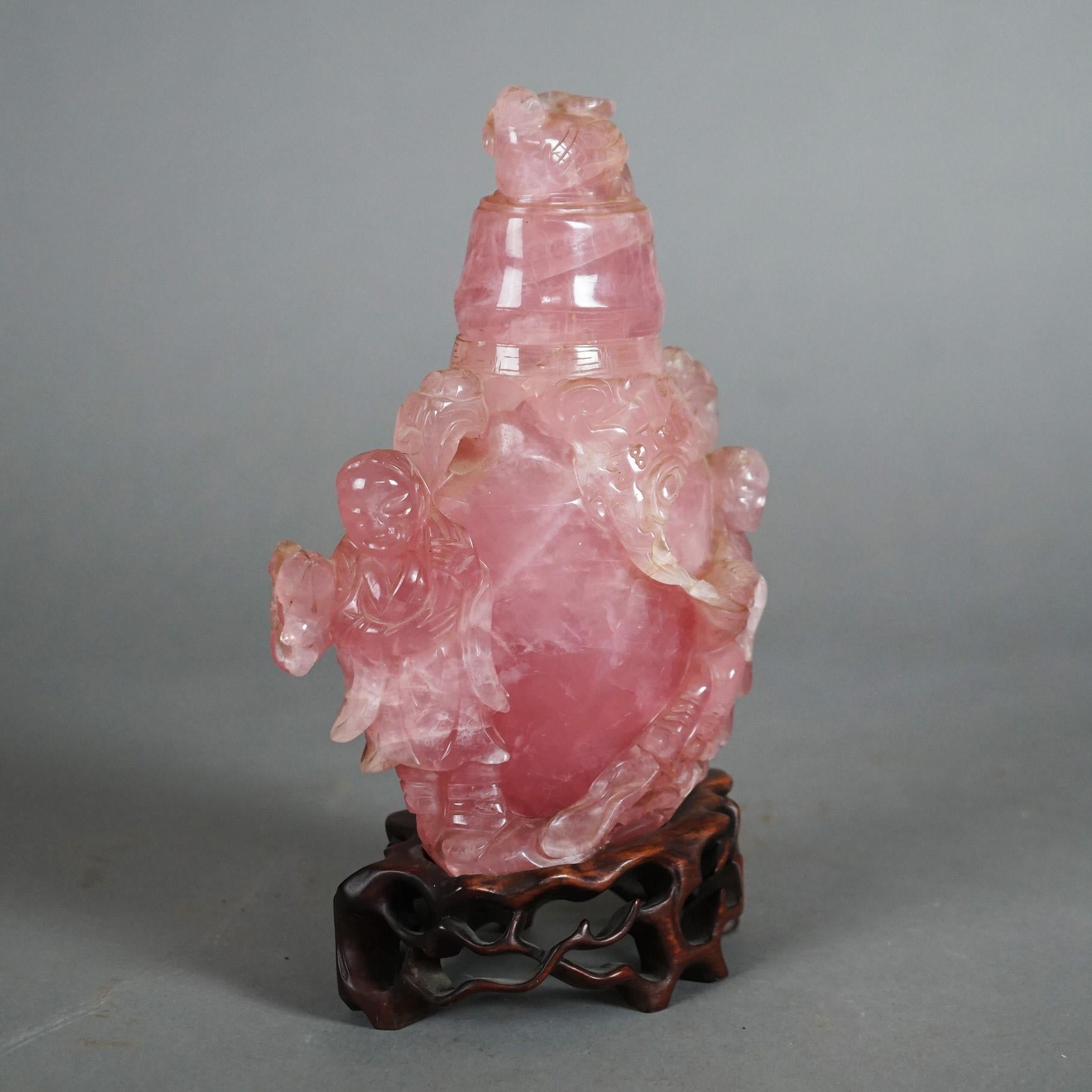 19th Century Antique Chinese Figural Carved Rose Quartz Covered Jar on Carved Hardwood Base
