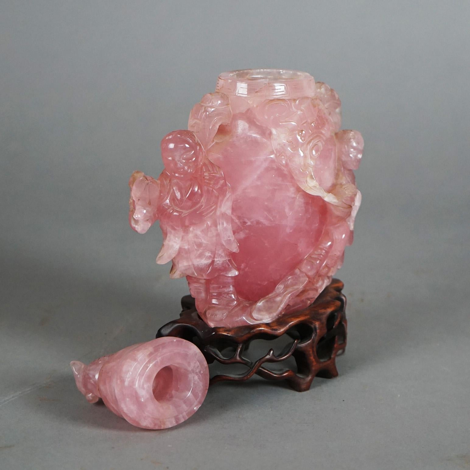 Antique Chinese Figural Carved Rose Quartz Covered Jar on Carved Hardwood Base 1