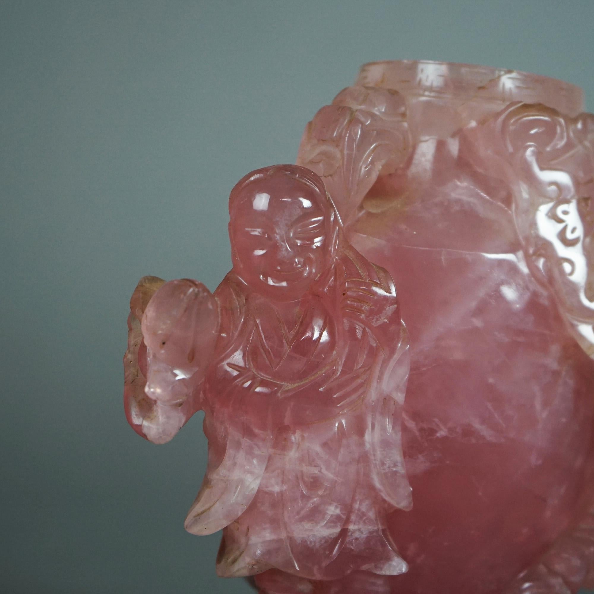 Antique Chinese Figural Carved Rose Quartz Covered Jar on Carved Hardwood Base 2