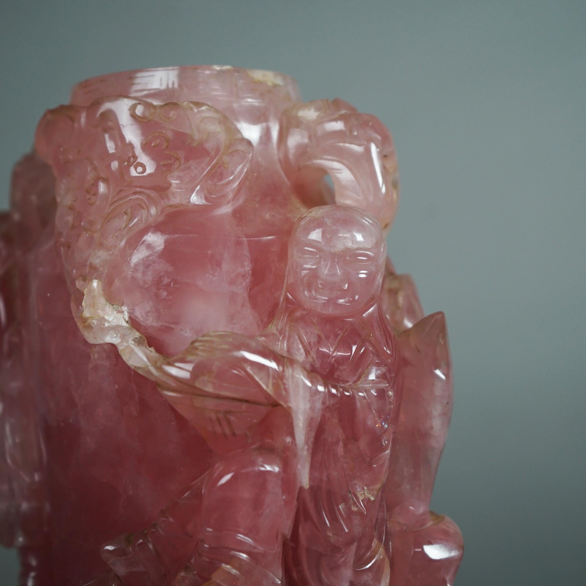 Antique Chinese Figural Carved Rose Quartz Covered Jar on Carved Hardwood Base 3