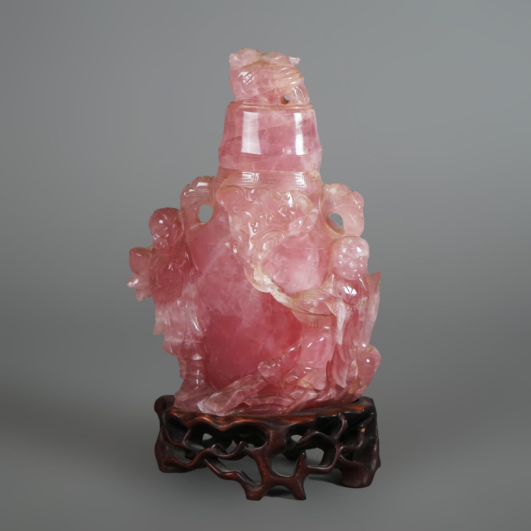 Antique Chinese Figural Carved Rose Quartz Covered Jar on Carved Hardwood Base 4