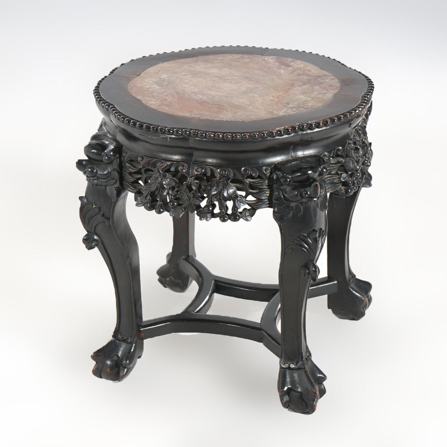 ***Ask About Reduced In-House Shipping Rates - Reliable Service & Fully Insured***
Antique Chinese Figural Carved Rosewood Table with Inset Marble Top, Lion Heads, Foliate Elements & Paw Feet, C1910

Measures - 18.25