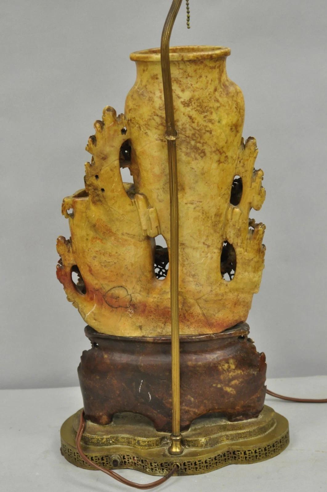 Antique Chinese Figural Carved Soapstone Large Table Lamp w/ Birds & Flowers For Sale 4